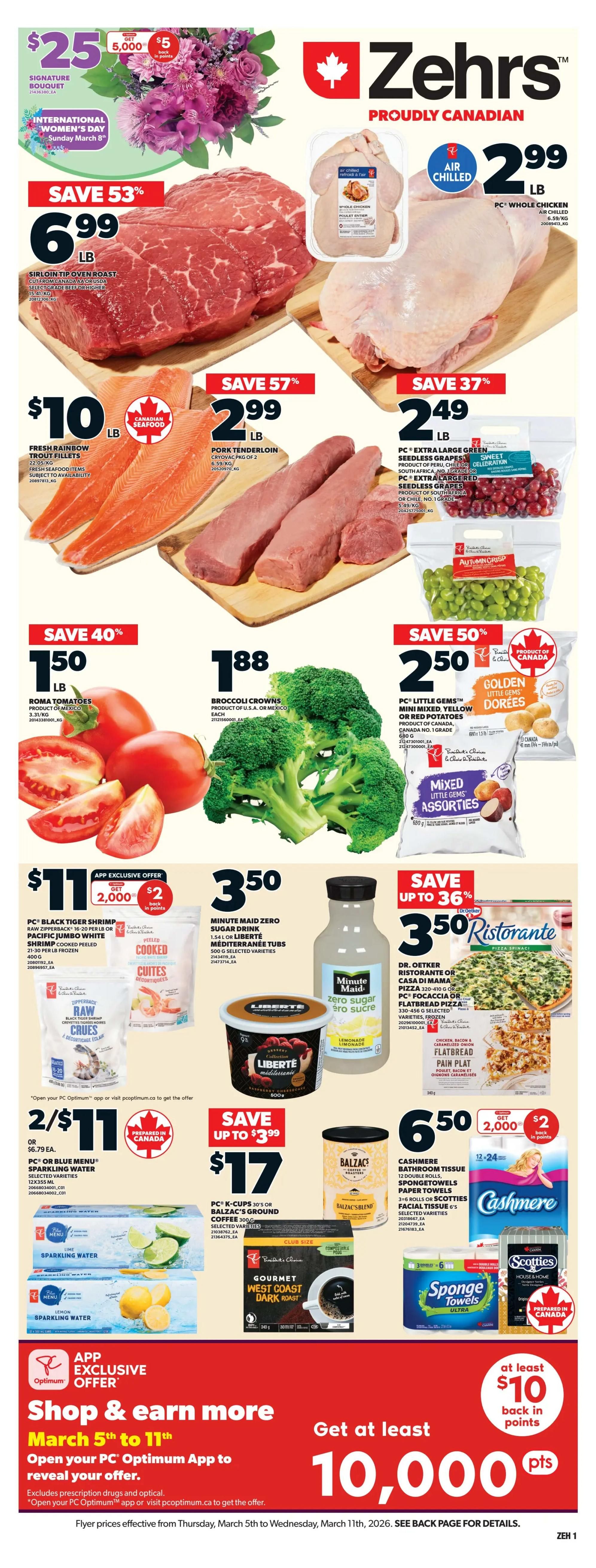 Zehrs weekly deals page 1. Save up to $1.19 on Mastro Deli Genoa, Chorizo, or Hot Salami, 100g, for $3/100g. Barilla Pasta, selected varieties, 410g, is 3 for $4.98 or $2 each, saving $1.02 when you buy 3. APP Exclusive Offer: Get 4,000 PC Optimum points ($4 back in points) when you buy 2 PC or Blue Menu Frozen Entrees, club size 2/2.27kg. PC Kettle Cooked, Loads of Flavour, or World of Flavour Potato Chips, selected varieties, 200g, are $2. Premium Bagels, selected varieties, 6's, are $4 for members (save $1) and $5 for non-members. PC Maple Syrup, Grade A Amber, 500ml, is on sale for $10, saving 33%.