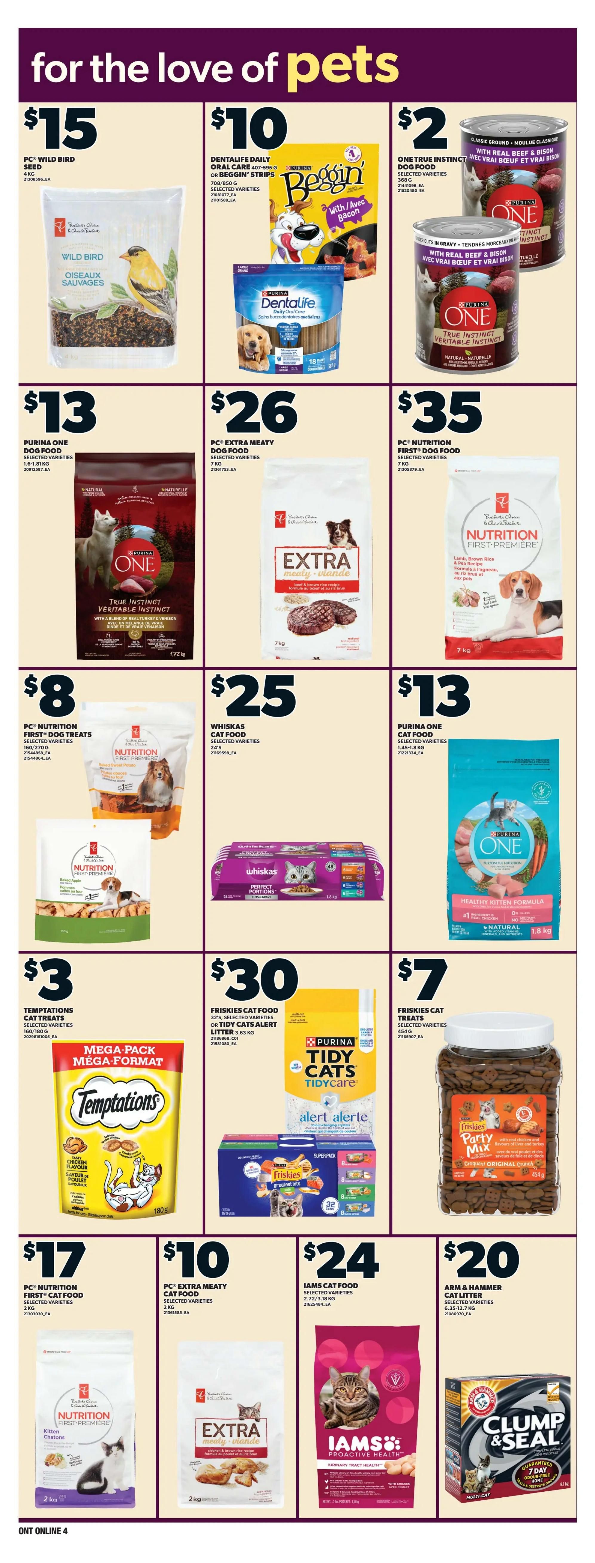 Zehrs weekly flyer specials page 12, featuring a variety of pet food and supplies. Offers include PC Wild Bird Seed for $15, Dentalife Daily Oral Care or Beggin' Strips for $10, and Purina One True Instinct Dog Food cans for $2. Also featured are Purina One Dog Food for $13, PC Extra Meaty Dog Food for $26, and PC Nutrition First Dog Food for $35. For cat owners, there's PC Nutrition First Cat Treats for $8, Whiskas Cat Food for $25, and Purina One Cat Food for $13. Temptations Cat Treats are available in a mega pack for $3. Friskies Cat Food and Tidy Cats Alert Litter are on sale for $30. Friskies Party Mix Cat Treats are $7. Finally, PC Nutrition First Cat Food is $17, PC Extra Meaty Cat Food is $10, Iams Cat Food is $24, and Arm & Hammer Clump & Seal Cat Litter is $20.