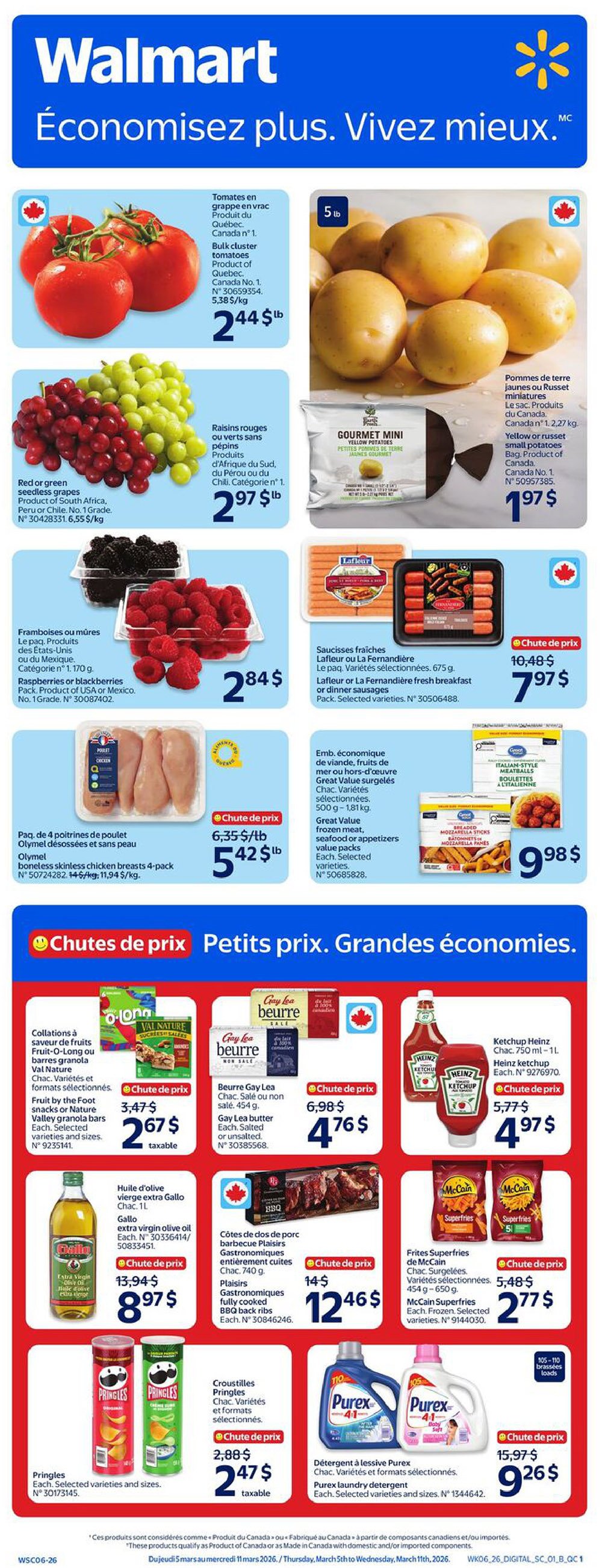 Walmart Canada weekly flyer specials. This page features bulk cluster tomatoes from Quebec for $2.44/lb. Red or green seedless grapes from South Africa, Peru, or Chile are $2.97/lb. Raspberries or blackberries from the USA or Mexico are $2.84/pack. Yellow or Russet small potatoes are $1.97/bag. Lafleur or La Ferndière fresh breakfast or dinner sausages are $7.97/pack. Olymel boneless skinless chicken breasts 4-pack is on sale for $5.42/lb. Great Value frozen meat, seafood, or appetizers value packs are $9.98 each. Fruit by the Foot or Nature Valley granola bars are $2.67/pack. Gay Lea butter (salted or unsalted) is $4.76/pack. Heinz ketchup (750 mL - 1 L) is $4.97. Gallo extra virgin olive oil is $8.97/L. Plaisirs Gastronomiques fully cooked BBQ back ribs are $12.46. Pringles are $2.47/can. McCain Superfries are $2.77. Purex laundry detergent is $9.26.