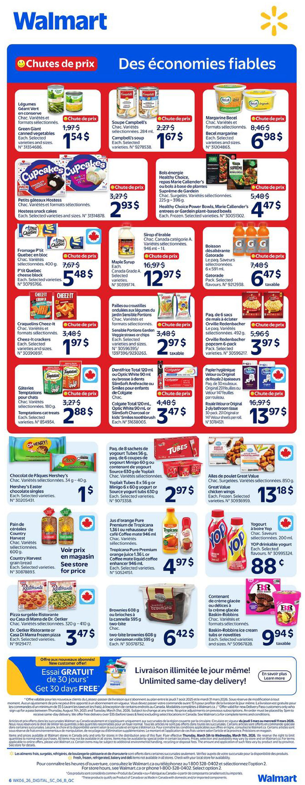 Walmart Canada weekly flyer specials page 2. Featured items include Green Giant canned vegetables for $1.54, Campbell's soup for $1.67, Becel margarine for $6.98, Hostess snack cakes for $2.93, P'tit Quebec cheese block for $5.48, Sensible Portions Garden Veggie Straws or chips for $2.97, Cheez-It crackers for $1.97, Maple Syrup for $12.97, Colgate Total 120 ml or Optic White 90 ml and kids' Smiles toothbrush for $3.47, Temptations cat treats for $2.88, Yoplait Tubes yogurt for $2.97, Hershey's Easter chocolate singles for $1, Tropicana Pure Premium orange juice for $4.97, Country Harvest grain bread for see in store price, Great Value chicken wings for $13.18, Dr. Oetker Ristorante or Casa Di Mama frozen pizza for $3.47, two-bite brownies for $6.42, and Baskin-Robbins ice cream tubs or novelties for $9.94. The page also promotes free 30-day delivery with a minimum purchase of $35 and unlimited same-day delivery.