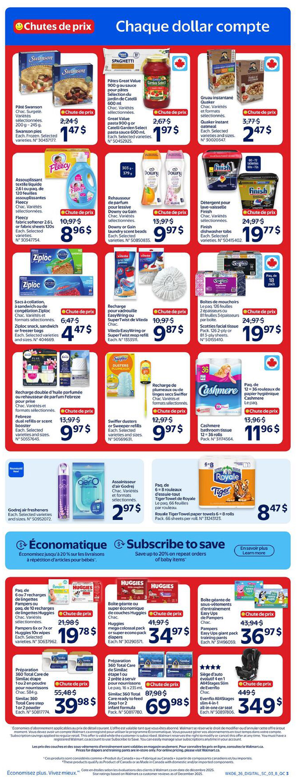 Walmart Canada weekly flyer specials page 4. Featured products include Swanson pies for $1.47, Great Value pasta sauce for $1.97, and Quaker instant oatmeal for $2.47. Also on sale are Fleecy fabric softener for $8.96, Downy or Gain laundry scent beads for $9.97, and Finish dishwasher tabs for $19.77. Vileda EasyWringing or SuperTwist mop refills are $9.87, Scotties facial tissue 2-ply packs are $19.97, and Swiffer dusters or Sweeper refills are $9.97. Febreze dual refills or scent boosters are $9.97. Godrej air fresheners are $2.97. Pampers or Huggies diapers and training pants are on sale, with Huggies mega colossal pack or super econo pack diapers for $34.97, Pampers Easy Ups giant pack training pants for $36.97. Similac 360 Total Care step 1 or 2 formula is available, with a 2-pack for $39.98 and a 1-2 ready to feed formula for $69.98. The Evenflo All4Stages Slim 4-in-1 car seat is $349. Save up to 20% on repeat orders of baby items when you subscribe to save.
