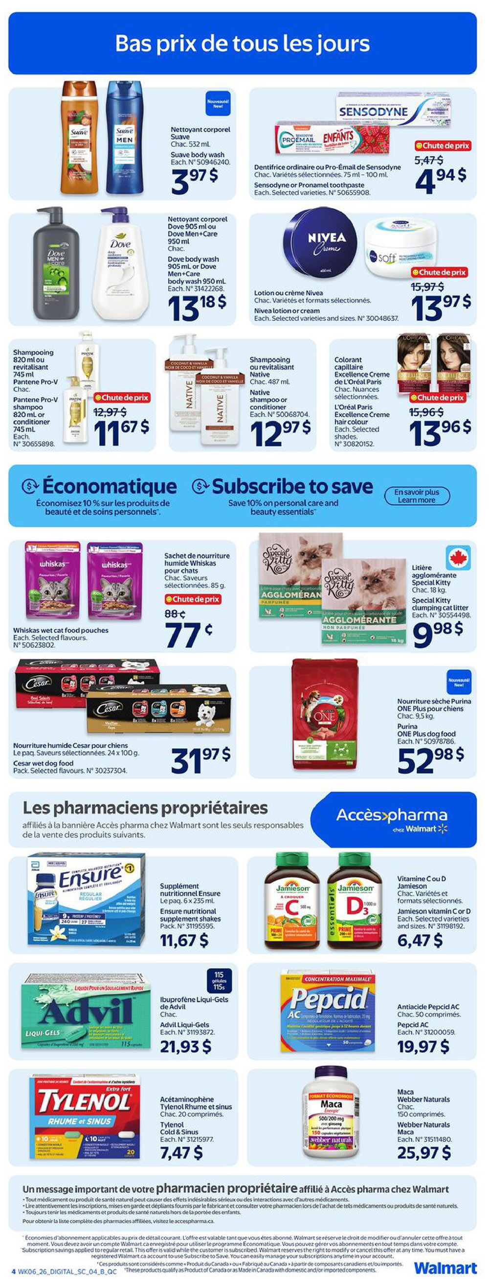 Walmart Canada weekly flyer specials page 5. Featuring daily price deals on personal care and pet products. Offers include Suave body wash for $3.97, Dove body wash 905 ml or Dove Men+Care 950 ml for $13.18, and Sensodyne or Pronamel toothpaste for $4.94. Also on sale are Native shampoo or conditioner for $12.97, L'Oréal Paris Excellence Creme hair colour for $13.96, and Nivea lotion or cream for $13.97. Pet products include Whiskas wet cat food pouches for $0.77, Cesar wet dog food 24 x 100 g pack for $31.97, Purina ONE Plus dog food for $52.98, and Special Kitty clumping cat litter for $9.98. Health and wellness section features Ensure nutritional supplement shakes for $11.67, Jamieson Vitamin C or D for $6.47, Advil Liqui-Gels for $21.93, Tylenol Cold & Sinus for $7.47, Pepcid AC for $19.97, and Webber Naturals Maca for $25.97. The page also highlights a 10% savings offer on personal care and beauty essentials when you subscribe to save.