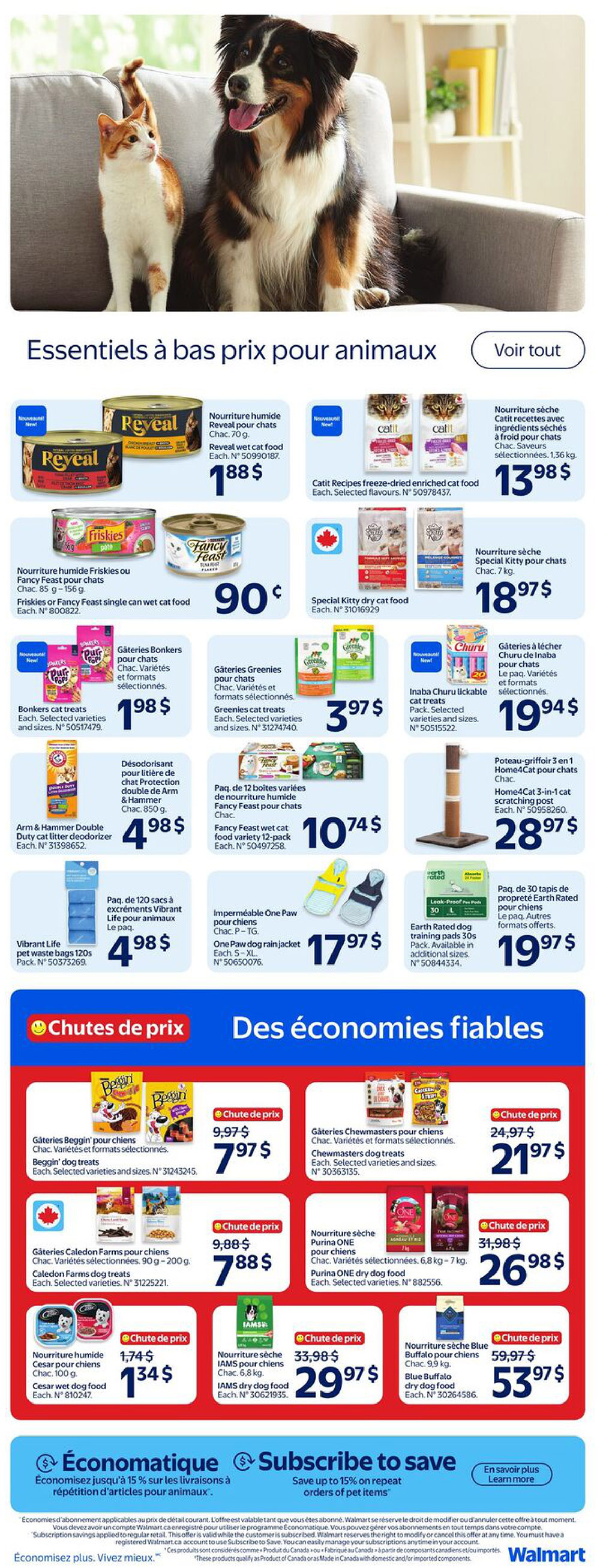 Walmart Canada weekly flyer specials page 8 features a variety of pet essentials. Highlighted are Reveal wet cat food for $1.88, Catit Recipes freeze-dried enriched cat food for $13.98, and Friskies or Fancy Feast single can wet cat food for $0.90. Also available are Bonkers cat treats for $1.98, Greenies cat treats for $3.97, and Inaba Churu lickable cat treats for $19.94. For odour control, Arm & Hammer Double Duty cat litter deodorizer is $4.98, and Vibrant Life pet waste bags (120s) are $4.98. Special Kitty dry cat food is offered at $18.97. Fancy Feast wet cat food variety 12-pack is $10.74. Earth Rated dog training pads 30s are $19.97, and a Home4Cat 3-in-1 cat scratching post is $28.97. The page also showcases 'Chutes de prix' (Price Drops) and 'Des économies fiables' (Reliable Savings) with deals on Beggin' dog treats for $7.97, Chewmasters dog treats for $21.97, Caledon Farms dog treats for $7.88, Purina ONE dry dog food for $26.98, IAMS dry dog food for $29.97, and Blue Buffalo dry dog food for $53.97. The bottom section promotes 'Économatique' and 'Subscribe to save', offering up to 15% off repeat orders of pet items.