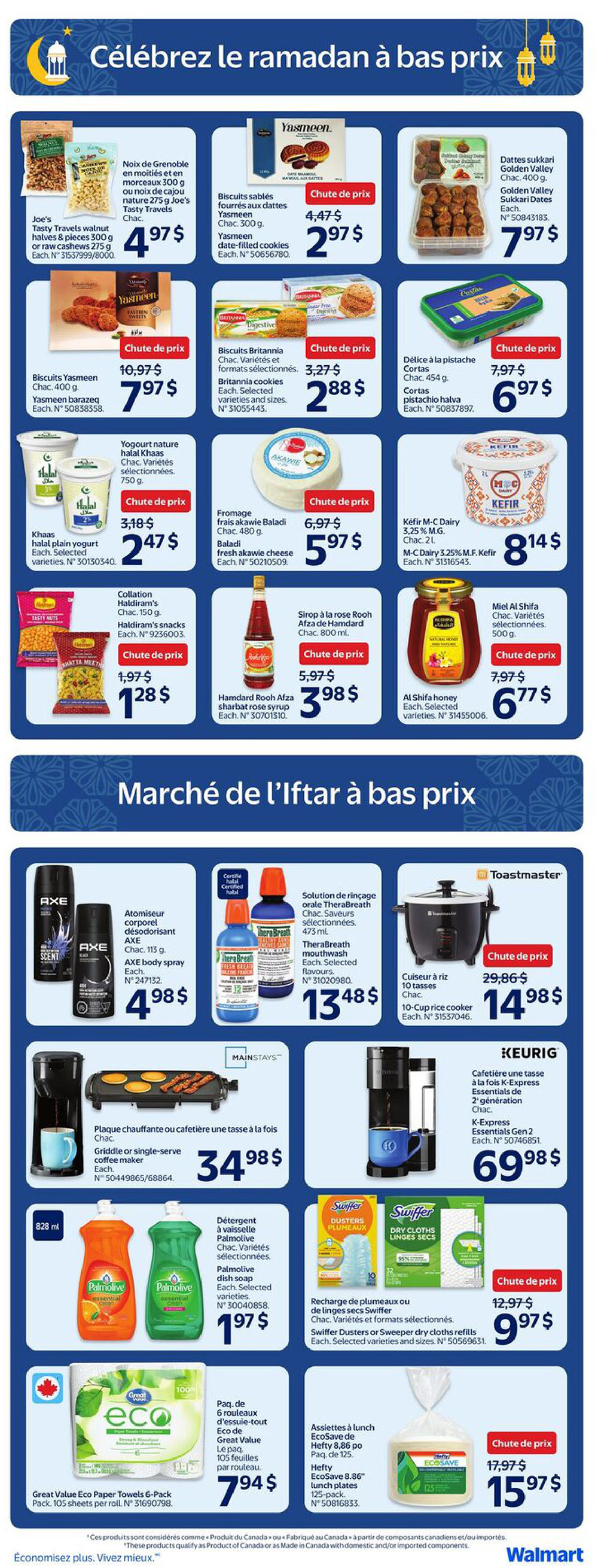 Walmart Canada weekly flyer specials page 10 features a selection of food items and household products. Featured food items include Joe's Tasty Travels walnut halves & pieces for $4.97, Yasmeen date-filled cookies for $2.97, Britannia cookies for $2.88, Cortas pistachio halva for $6.97, Khaas plain yogurt for $2.47, Baladi fresh akawie cheese for $5.97, M-C Dairy Kefir for $8.14, Hamdard Rooh Afza rose syrup for $3.98, and Al Shifa honey for $6.77. Household and personal care items include Axe body spray for $4.98, TheraBreath mouthwash for $13.48, a Toastmaster 10-cup rice cooker for $14.98, a Mainstays single-serve coffee maker for $34.98, Palmolive dish soap for $1.97, Swiffer Dusters or Sweeper dry cloth refills for $9.97, Great Value Eco Paper Towels 6-pack for $7.94, and Hefty EcoSave lunch plates for $15.97.