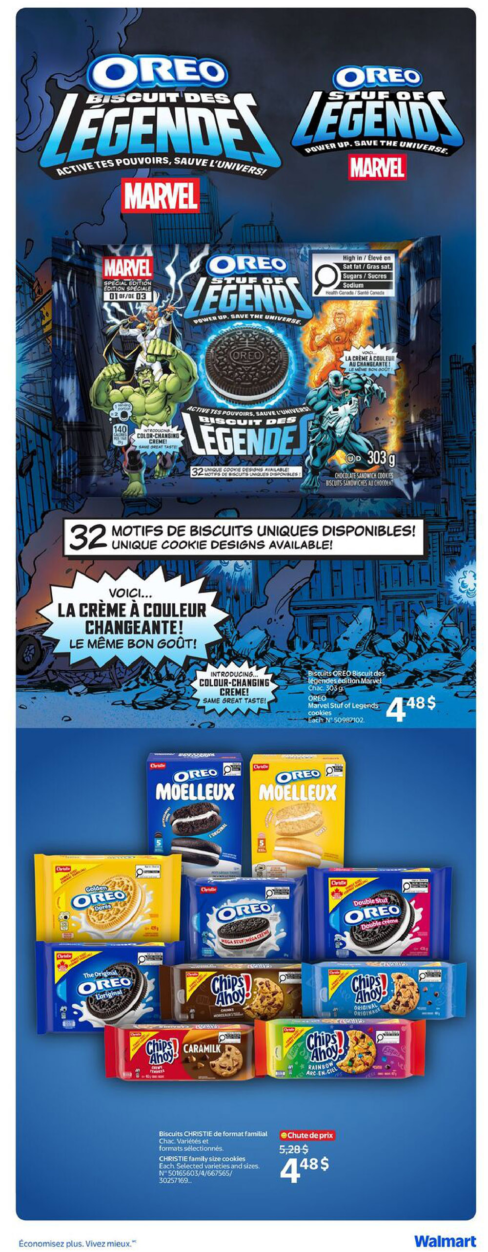 Walmart Canada flyer page 12 featuring Oreo 'Stuff of Legends' cookies with Marvel characters like Hulk and Venom. These special edition chocolate sandwich cookies come in 303g packages and feature 32 unique cookie designs, including colour-changing creme. Also on this page are various Oreo cookies including Oreo Moelleux in original and golden flavours, Oreo Mega Stuf, and Oreo Double Creme. Additionally, Chips Ahoy! cookies are featured in chocolate, original, Caramilk, and Rainbow (En Ciel) varieties. Christie family size cookies are on sale for 4 for $5.48, down from $5.28 each.
