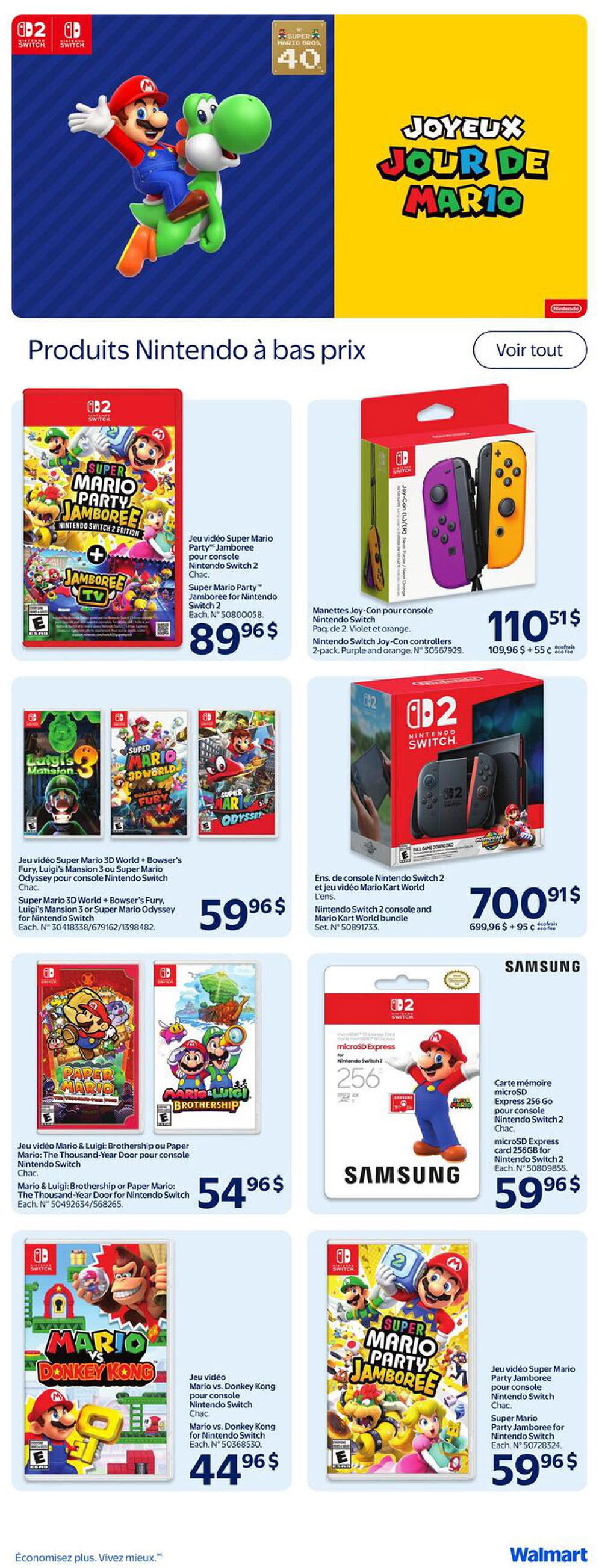 Walmart Canada weekly flyer specials page 13, featuring Nintendo products. Includes Super Mario Party Jamboree for Nintendo Switch 2 at $89.96. Also available are Nintendo Switch Joy-Con controllers in purple and orange for $110.51. A Nintendo Switch 2 console and Mario Kart World bundle is priced at $700.91. Other Nintendo Switch games on sale include Super Mario 3D World + Bowser's Fury, Luigi's Mansion 3, or Super Mario Odyssey for $59.96. Mario & Luigi: Brothership or Paper Mario: The Thousand-Year Door for Nintendo Switch are $54.96. Mario vs. Donkey Kong for Nintendo Switch is $44.96. Super Mario Party Jamboree for Nintendo Switch is also available for $59.96. A Samsung microSD Express 256GB card for Nintendo Switch 2 is $59.96.