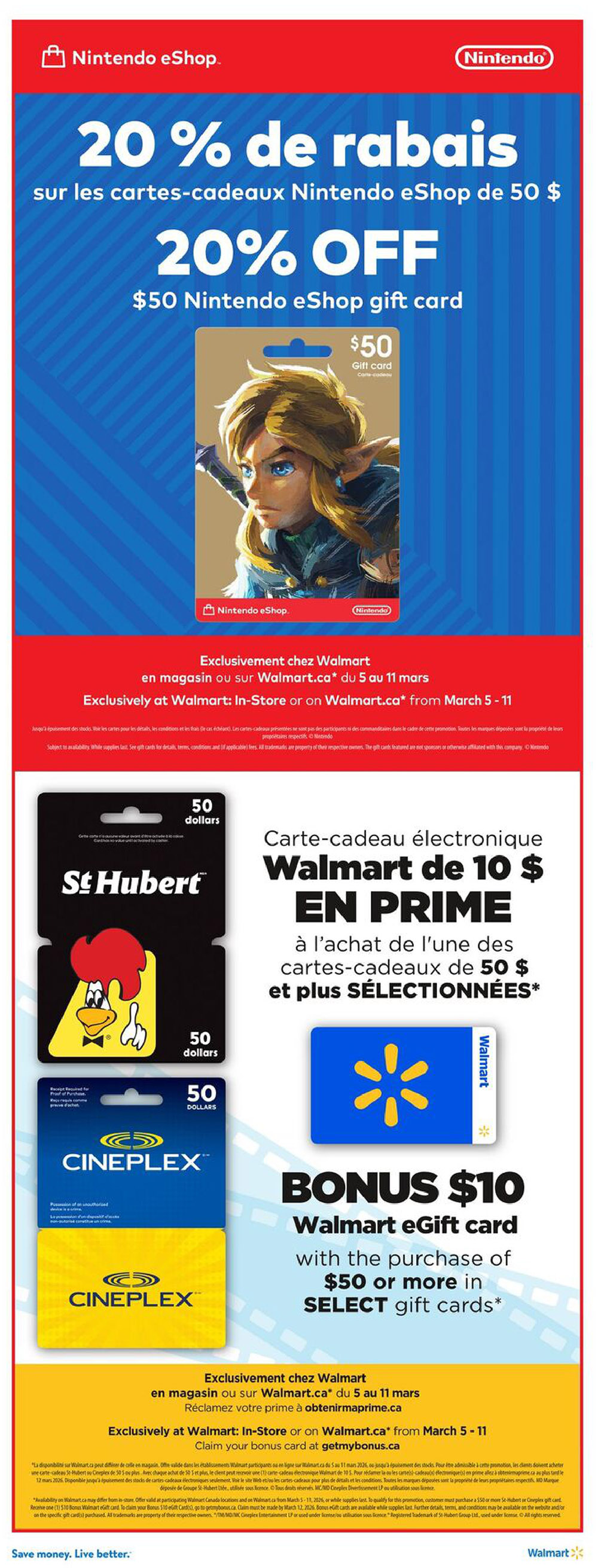 Walmart Canada flyer page 15 featuring two main offers. The top offer is 20% OFF $50 Nintendo eShop gift cards, exclusively at Walmart in-store or on Walmart.ca from March 5-11. The bottom offer highlights a bonus $10 Walmart eGift card with the purchase of $50 or more in select gift cards, including St. Hubert and Cineplex gift cards. This bonus offer is also exclusively at Walmart in-store or on Walmart.ca from March 5-11, and customers can claim their bonus card at getmybonus.ca.