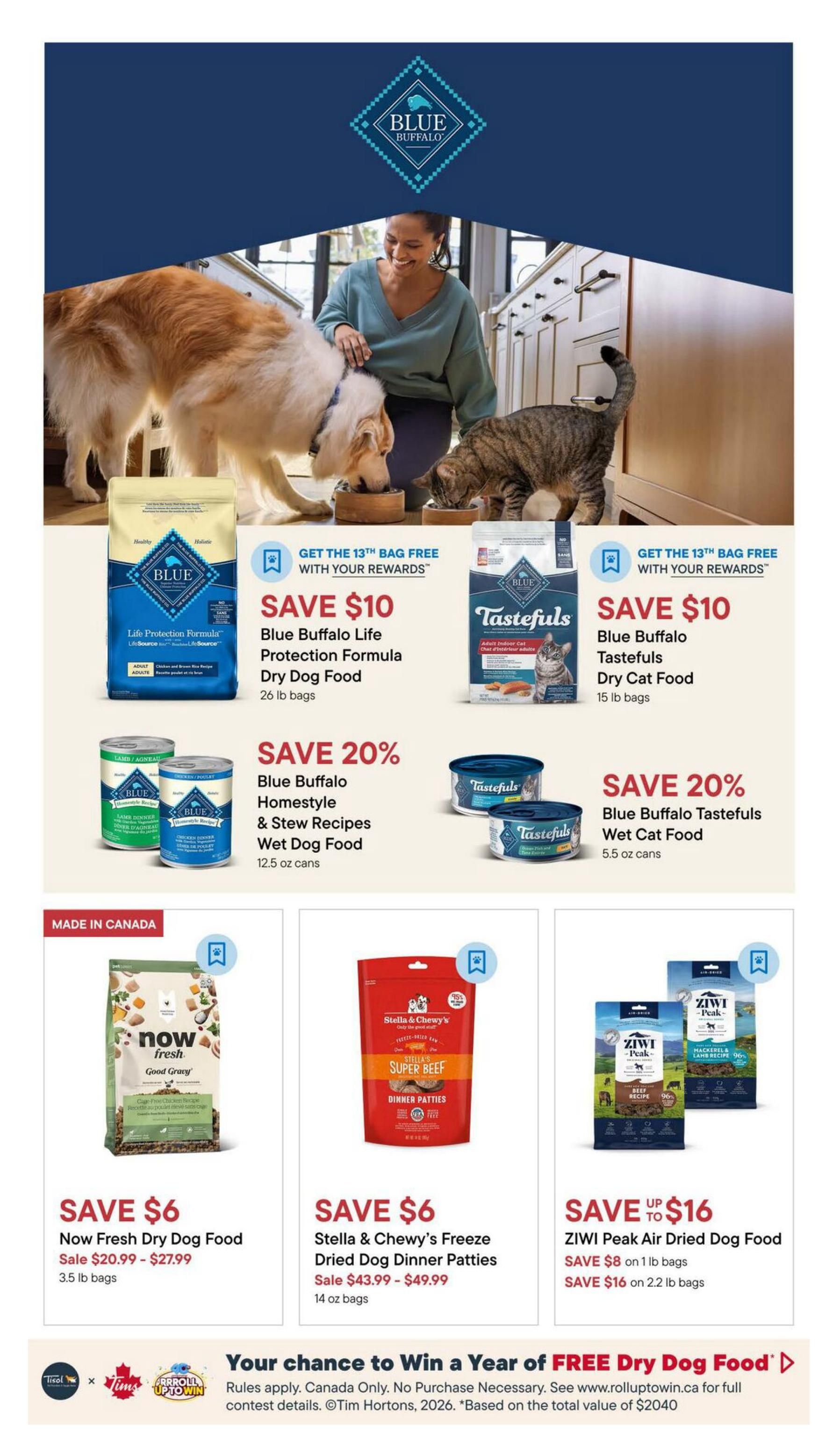 Tisol Pet Nutrition flyer specials page 4 features savings on various pet foods. Save $10 on Blue Buffalo Life Protection Formula Dry Dog Food (26 lb bags) and Blue Buffalo Tastefuls Dry Cat Food (15 lb bags), with a bonus of the 13th bag free with rewards. Save 20% on Blue Buffalo Homestyle & Stew Recipes Wet Dog Food (12.5 oz cans) and Blue Buffalo Tastefuls Wet Cat Food (5.5 oz cans). Also featured are Now Fresh Dry Dog Food (3.5 lb bags) on sale for $20.99 - $27.99, saving $6. Stella & Chewy's Freeze Dried Dog Dinner Patties (14 oz bags) are on sale for $43.99 - $49.99, also saving $6. ZIWI Peak Air Dried Dog Food offers savings of up to $16, with $8 off 1 lb bags and $16 off 2.2 lb bags. The page also promotes a chance to win a year of free dry dog food.