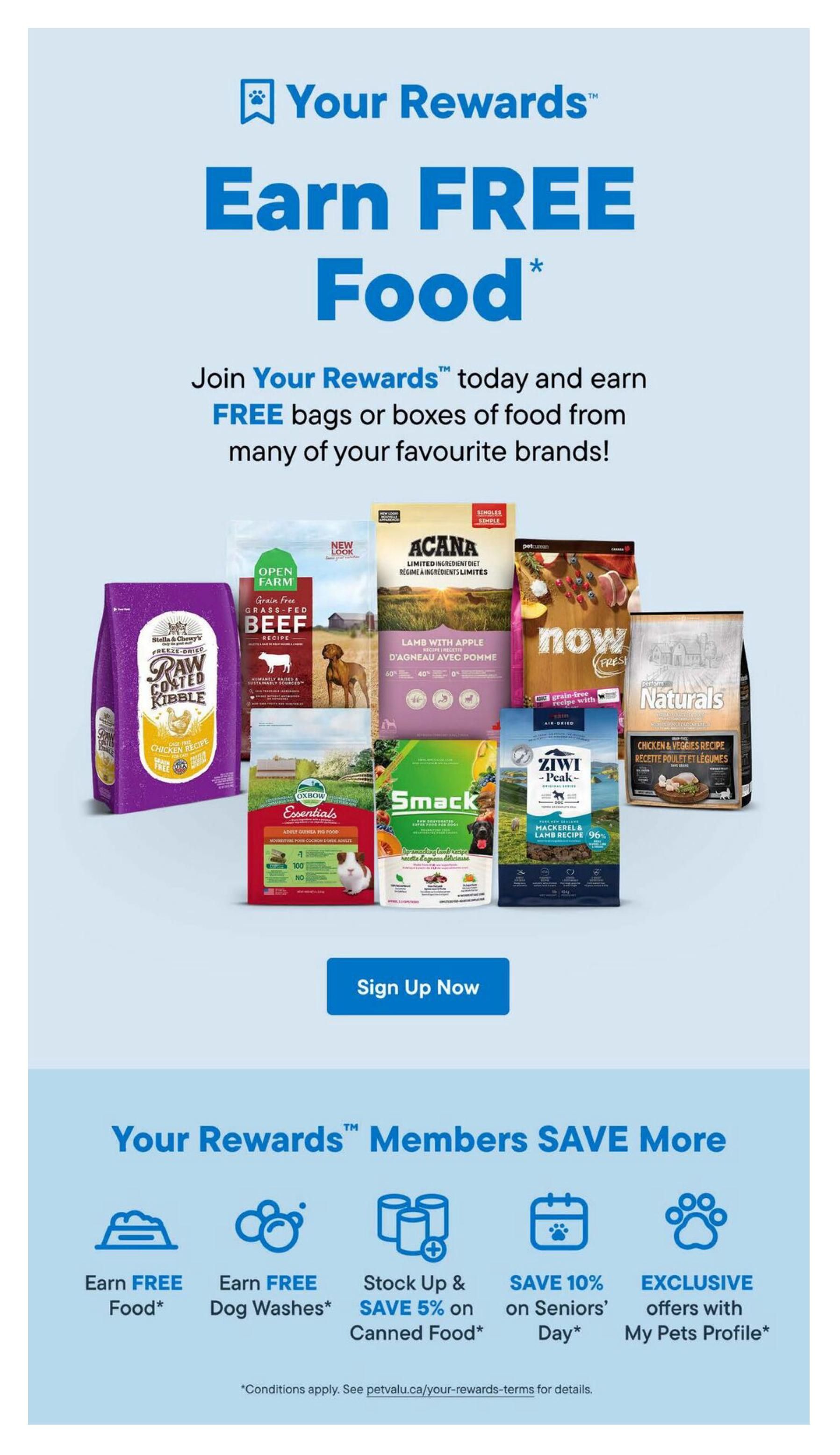 Total Pet flyer page showcasing the 'Your Rewards' program to earn free food. Features various popular pet food brands including Stella & Chewy's Raw Coated Kibble Chicken Recipe, Open Farm Grain Free Grass-Fed Beef Recipe, ACANA Lamb with Apple Limited Ingredient Diet, NOW FRESH Grain Free Recipe, Petcurean GO! SOLUTIONS SKIN CARE Chicken & Turkey Recipe, and Ziwi Peak Peak Cuisine Mackerel & Lamb Recipe. Also highlights benefits for members: Earn FREE Food, Earn FREE Dog Washes, Stock Up & SAVE 5% on Canned Food, SAVE 10% on Seniors' Day, and Exclusive offers with My Pets Profile. A 'Sign Up Now' button is prominently displayed. Page 12 of 13.