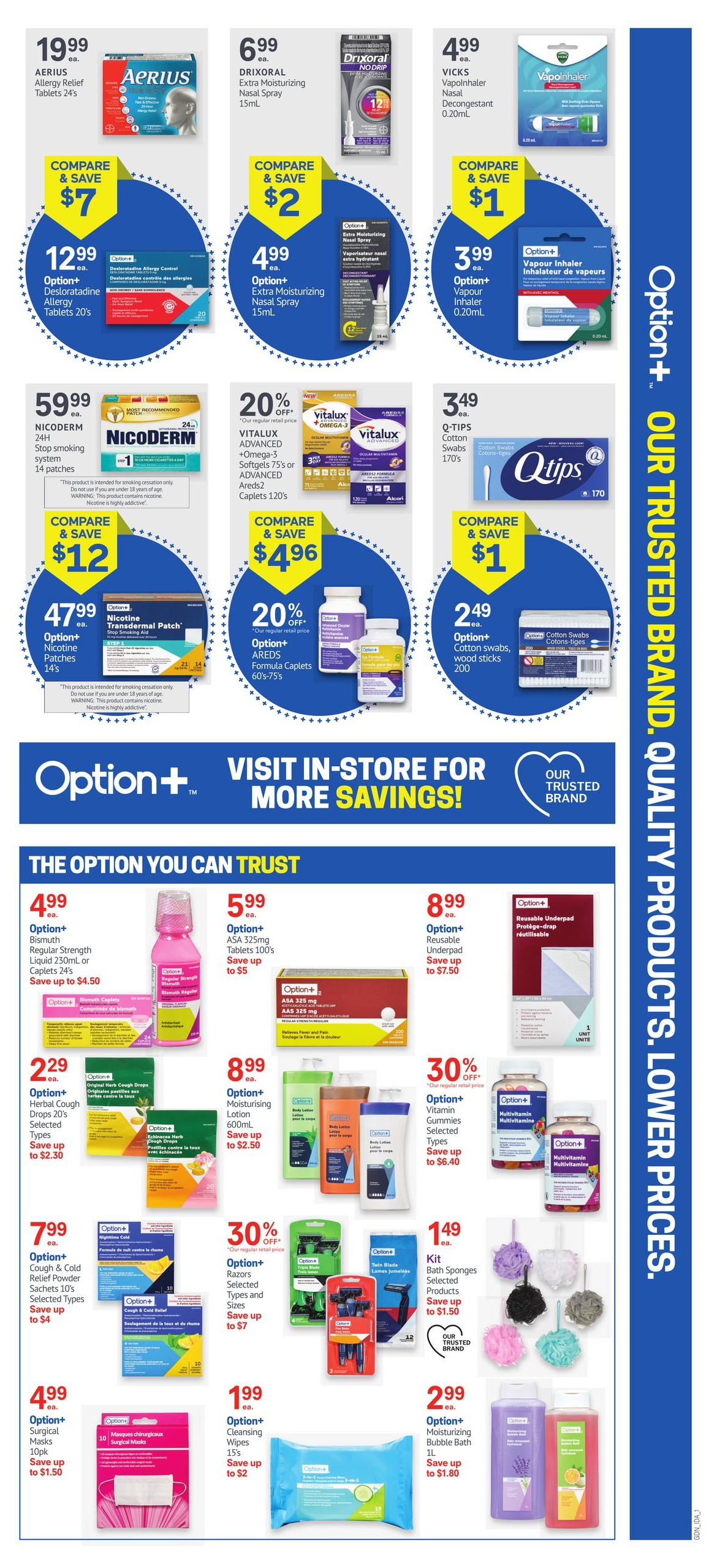 I.D.A. Pharmacy weekly flyer specials page 2. Top row features Aerius Allergy Relief Tablets 24's for $19.99, Drixoral Extra Moisturizing Nasal Spray 15mL for $6.99, and Vicks Vapor Inhaler Nasal Decongestant 0.20mL for $4.99. Below these, compare and save deals include Option+ Desloratadine Allergy Tablets 20's for $12.99 (save $7), Option+ Extra Moisturizing Nasal Spray 15mL for $4.99 (save $2), and Option+ Vapour Inhaler 0.20mL for $3.99 (save $1). Further down, Nicoderm 24H Stop Smoking System 14 patches is $59.99. Vitalux Advanced +Omega-3 Softgels 75's or Advanced Areds2 Caplets 120's are 20% off, with a compare and save price of $4.96. Q-Tips Cotton Swabs 170's are $3.49. Option+ Nicotine Transdermal Patches 14's are $47.99 (save $12). Option+ AREDS Formula Caplets 60's-75's are 20% off (save $4.96). Option+ Cotton Swabs wood sticks 200 are $2.49 (save $1). The section 'The Option You Can Trust' includes Option+ Bismuth Regular Strength Liquid 230mL or Caplets 24's for $4.99 (save up to $4.50). Option+ ASA 525mg Tablets 100's are $5.99 (save up to $5). Option+ Reusable Underpad is $8.99 (save up to $7.50). Option+ Herbal Cough Drops 20's Selected Types are $2.29 (save up to $2.30). Option+ Moisturising Lotion 600mL is $8.99 (save up to $2.50). Option+ Vitamin Gummies Selected Types are 30% off (save up to $6.40). Option+ Nighttime Cold Formula Powder Sachets 10's Selected Types are $7.99 (save up to $4). Option+ Razors Twin Blade 3's are 30% off (save up to $7). Option+ Kit Bath Sponges Selected Products are $1.49 (save up to $1.50). Option+ Surgical Masks 10pk are $4.99 (save up to $1.50). Option+ Cleansing Wipes 15's are $1.99 (save up to $2). Option+ Moisturizing Bubble Bath 1L is $2.99 (save up to $1.80). The flyer also features a banner promoting 'Option+ Visit In-Store For More Savings!' and 'Our Trusted Brand'.