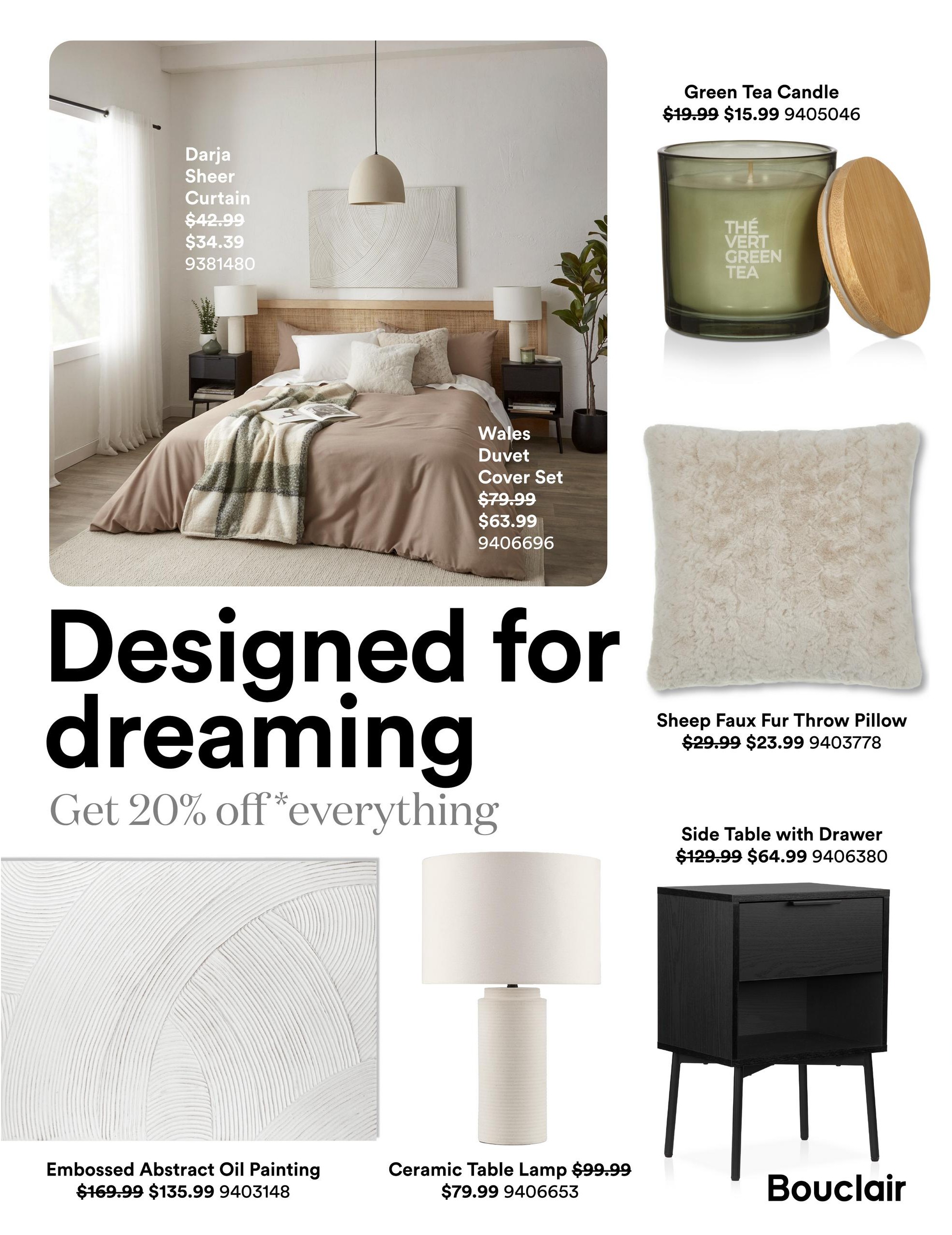 Bouclair weekly flyer specials page 9 features a 'Designed for dreaming' theme with 20% off everything. Featured items include Darja Sheer Curtain for $42.99, reduced to $34.39; Wales Duvet Cover Set originally $79.99, now $63.99; Green Tea Candle for $19.99, on sale for $15.99; Sheep Faux Fur Throw Pillow for $29.99, now $23.99; Side Table with Drawer originally $129.99, now $64.99; Embossed Abstract Oil Painting for $169.99, reduced to $135.99; and a Ceramic Table Lamp for $99.99, on sale for $79.99.