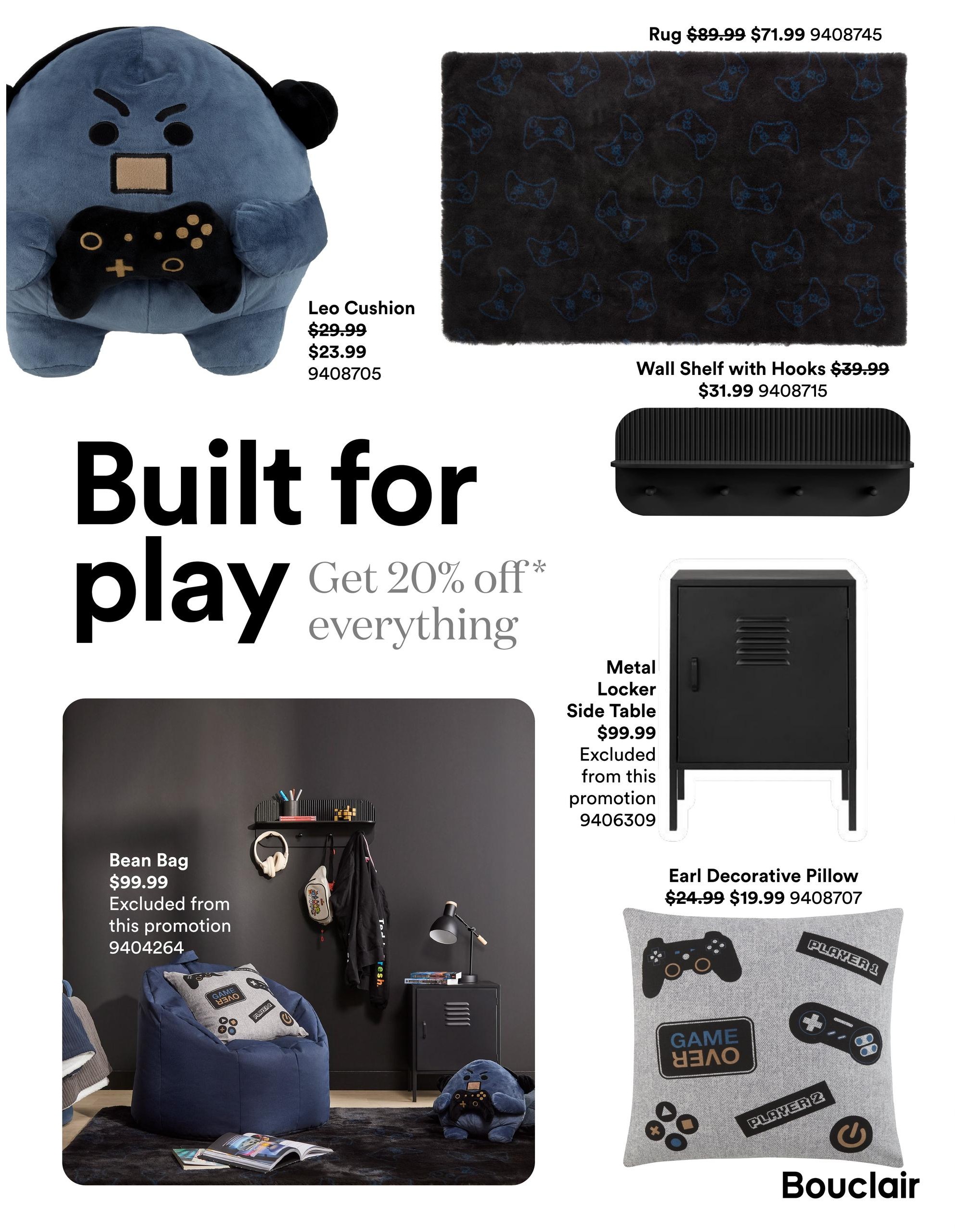 Bouclair flyer page featuring a 'Built for play' theme with a 20% off promotion on select items. Featured products include a Leo Cushion originally $29.99, now $23.99. A black rug with a blue video game controller pattern is on sale for $71.99, down from $89.99. A Wall Shelf with Hooks is priced at $31.99, reduced from $39.99. A Metal Locker Side Table is available for $99.99 but is excluded from the promotion. A large blue Bean Bag is also shown, priced at $99.99 and excluded from this promotion. Additionally, an Earl Decorative Pillow with a video game theme is on sale for $19.99, down from $24.99.