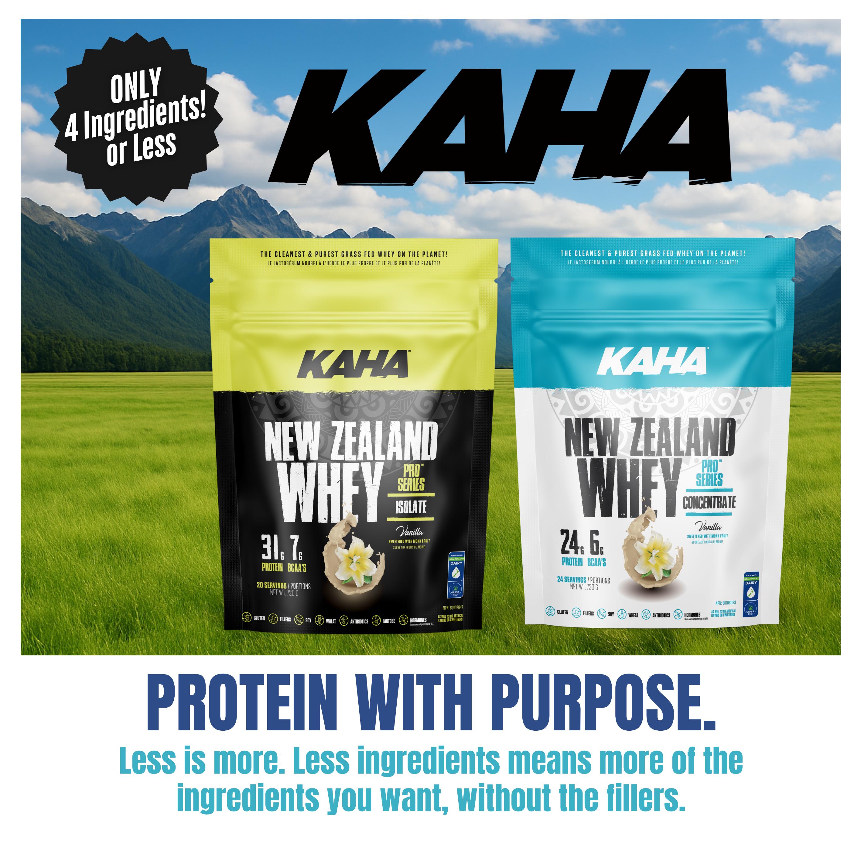 Goodness Me! flyer page 10 featuring Kaha New Zealand Whey Protein. The page highlights Kaha 'Only 4 Ingredients! or Less' and showcases two varieties: Kaha New Zealand Whey Pro Series Isolate in Vanilla, offering 31.7g of protein and BCAAs per serving, with 20 servings per 720g container. It is gluten-free, filler-free, soy-free, wheat-free, antibiotic-free, and hormone-free. Also featured is Kaha New Zealand Whey Pro Series Concentrate in Vanilla, providing 24.6g of protein and BCAAs per serving, with 24 servings per 720g container. Both are sweetened with monk fruit and contain no artificial flavours or sweeteners. The page emphasizes 'PROTEIN WITH PURPOSE. Less is more. Less ingredients means more of the ingredients you want, without the fillers.