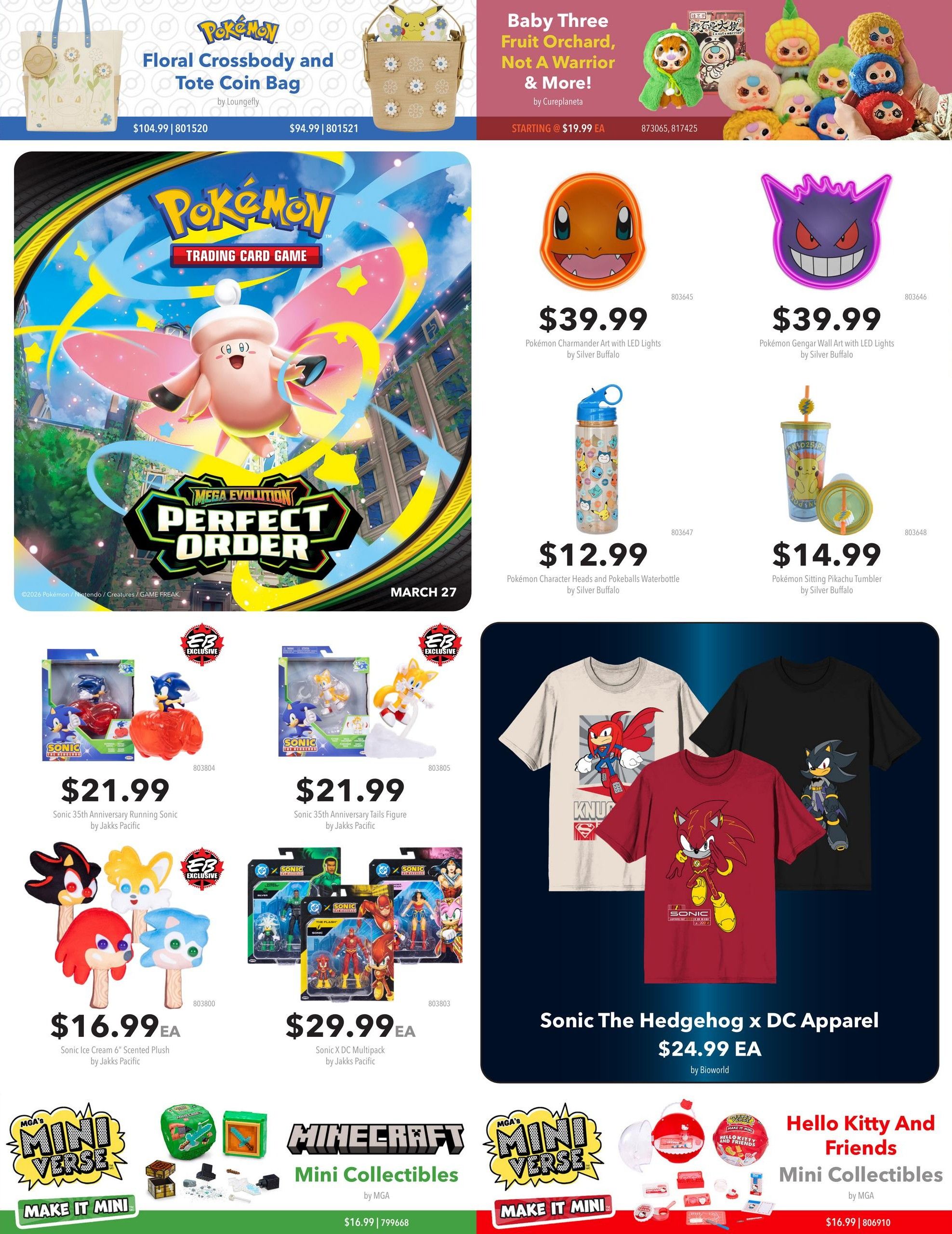 EB Games - GameStop flyer specials page 4 features Pokémon trading card game merchandise and Sonic the Hedgehog collectibles. Top section includes Pokémon Floral Crossbody and Tote Coin Bags priced at $104.99 and $94.99 respectively. Also featured are Baby Three Fruit Orchard, Not A Warrior & More! plush toys starting at $19.99 each. Pokémon Charmander and Gengar wall art with LED lights are available for $39.99 each. A Pokémon Character Heads and Pokeballs Waterbottle is $12.99, and a Pokémon Sitting Pikachu Tumbler is $14.99. The middle section showcases Sonic 35th Anniversary Running Sonic figure for $21.99 and Sonic 35th Anniversary Tails Figure for $21.99. Sonic Ice Cream 6' Scented Plush are $16.99 EA, and Sonic X DC Multipack figures are $29.99 EA. The right side displays Sonic The Hedgehog x DC Apparel t-shirts for $24.99 EA. The bottom section highlights MGA's Mini Verse Make It Mini collectibles and Minecraft Mini Collectibles for $16.99, and Hello Kitty And Friends Mini Collectibles also for $16.99.