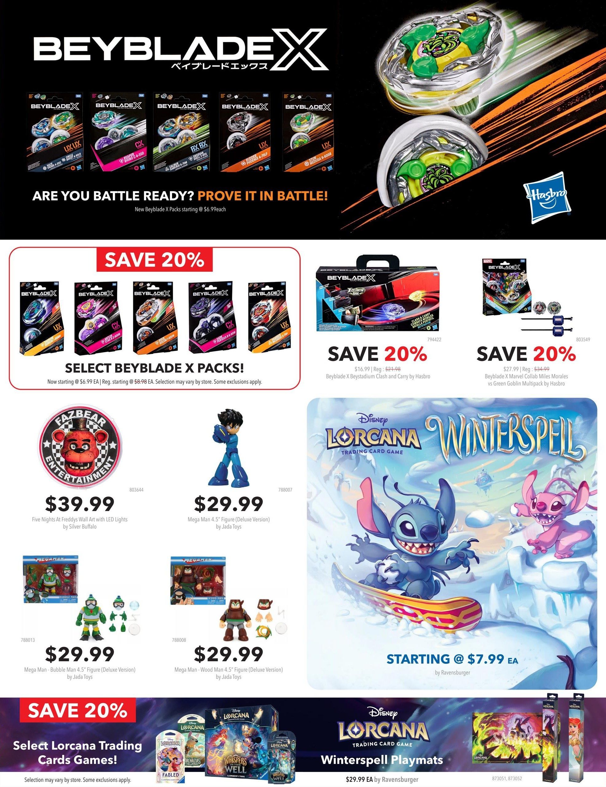 EB Games - GameStop flyer page 6 features a variety of toys and games. Top section showcases Beyblade X products with a 'Save 20%' offer on Beyblade X Packs, starting at $6.99 each. Also featured is a 'Save 20%' offer on the Beyblade X Beystadium Clash and Carry by Hasbro for $16.99 (regularly $21.98) and the Beyblade X Marvel Collab Miles Morales vs Green Goblin Multipack by Hasbro for $27.99 (regularly $34.99). Other items include Five Nights At Freddy's Wall Art with LED Lights by Silver Buffalo for $39.99, and Mega Man 4.5' Figures (Deluxe Version) by Jada Toys for $29.99 each, including Bubble Man and Wood Man versions. The page also highlights Disney's Lorcana Trading Card Game, with 'Winterspeil' playmats available starting at $7.99 each by Ravensburger, and 'Select Lorcana Trading Cards Games!' are also featured. A large graphic promotes Disney's Lorcana 'Winterspeil' Trading Card Game.