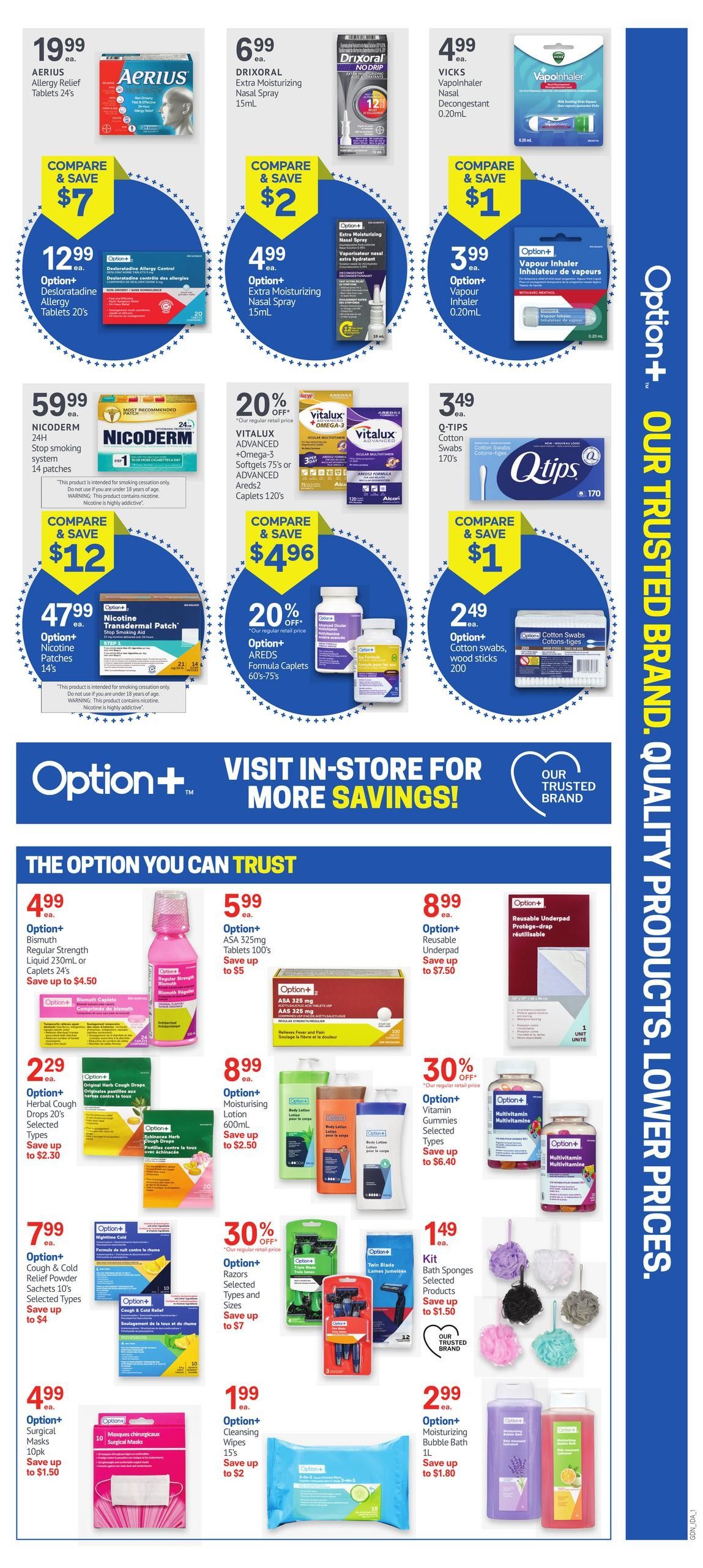 Guardian Pharmacy weekly flyer specials, page 2. Featured products include Aerius Allergy Relief Tablets 24's for $12.99, Drixoral Extra Moisturizing Nasal Spray 15mL for $4.99, and Vick's Vapor Inhaler Nasal Decongestant 0.20mL for $3.99. Nicoderm 24H Stop Smoking System 14 patches is $47.99, with a save up to $12. Vitalux Advanced + Omega-3 Softgels 75's or Advanced Areds2 Caplets 120's are 20% off, selling for $4.96. Q-Tips Cotton Swabs 170's are $3.49. Option+ Nicotine Patches 14's are $47.99, save up to $12. Option+ Formula Caplets 60's-75's are 20% off, selling for $4.96. Option+ Cotton Swabs wood sticks 200 count are $2.49, save up to $1. Option+ Bismuth Regular Strength Liquid 230mL or Caplets 24's are $4.99, save up to $4.50. Option+ ASA 325mg Tablets 100's are $5.99, save up to $5. Option+ Reusable Underpad is $8.99, save up to $7.50. Option+ Herbal Cough Drops 20's are $2.29, save up to $2.30. Option+ Moisturizing Lotion 600mL is $8.99, save up to $2.50. Option+ Vitamin Gummies are 30% off, save up to $6.40. Option+ Cough & Cold Relief Powder Sachets 10's are $7.99, save up to $4. Option+ Razors are 30% off, save up to $7. Option+ Kit Blade Sponges Selected Products are $1.49, save up to $1.50. Option+ Surgical Masks 10pk are $4.99, save up to $1.50. Option+ Cleansing Wipes 15's are $1.99, save up to $2. Option+ Moisturizing Bubble Bath 1L is $2.99, save up to $1.80. The page also features a section highlighting 'Option+ Visit In-Store For More Savings!' and 'Our Trusted Brand. Quality Products. Lower Prices.