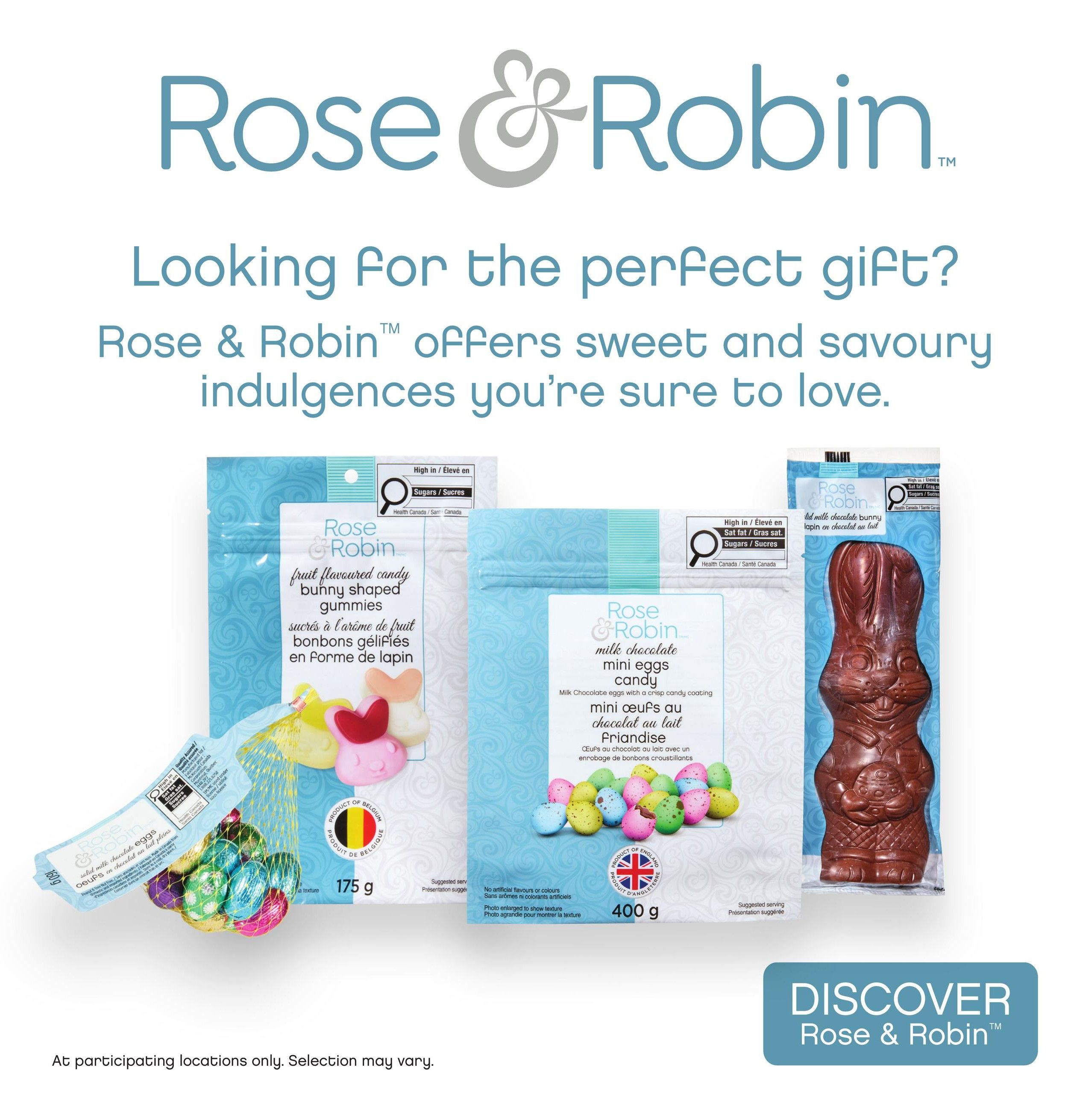 Guardian Pharmacy weekly flyer specials page 6, featuring Rose & Robin sweet and savoury indulgences. Products include Rose & Robin fruit-flavoured candy bunny-shaped gummies in a 175g package, Rose & Robin milk chocolate mini eggs candy with a crisp candy coating in a 400g package, and a large Rose & Robin solid milk chocolate bunny. Also shown are foil-wrapped chocolate eggs in a net bag. The page highlights 'Discover Rose & Robin' and notes that selection may vary at participating locations.