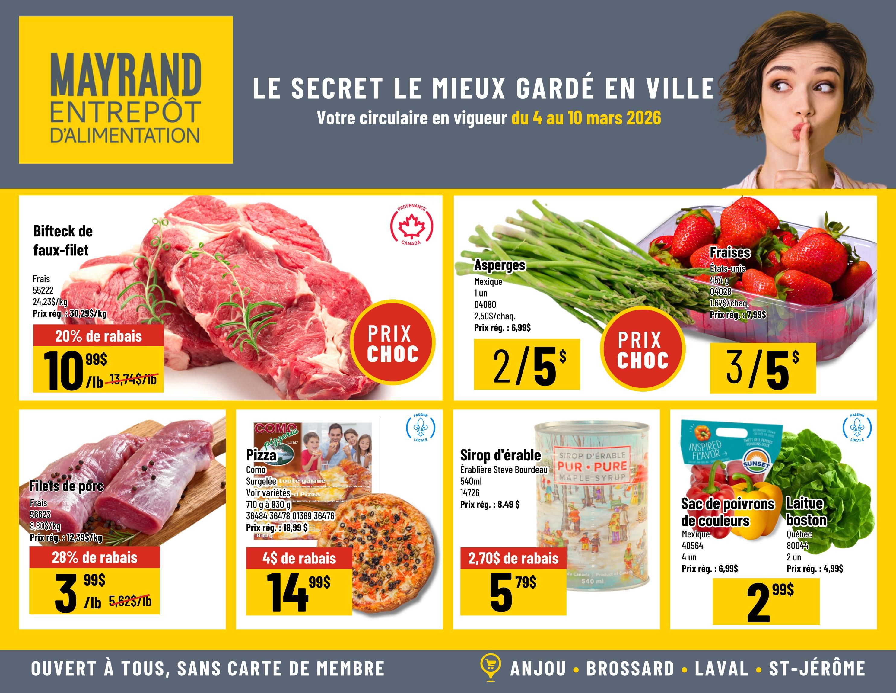 Mayrand flyer page 1 featuring various grocery specials. Top left: Boneless beef steak on sale for $10.99/lb, a 20% discount from the regular price of $13.74/lb. Top centre: Mexican asparagus is 2 for $5, with a regular price of $6.99 each. Top right: Strawberries from the USA are 3 for $5, with a regular price of $7.99 each. Bottom left: Pork tenderloin is on sale for $3.99/lb, a 28% discount from the regular price of $5.62/lb. Next to it, Como frozen pizzas are 4 for $14.99, with a regular price of $18.99. Bottom centre: Steve Bourdeau maple syrup (540ml) is on sale for $5.79, with a $2.70 discount from the regular price of $8.49. Bottom right: Sunset sweet bell peppers (4 count) are $2.99, with a regular price of $6.99, and Boston lettuce (2 count) is $2.99, with a regular price of $4.99. The flyer is valid from March 4 to March 10, 2026.