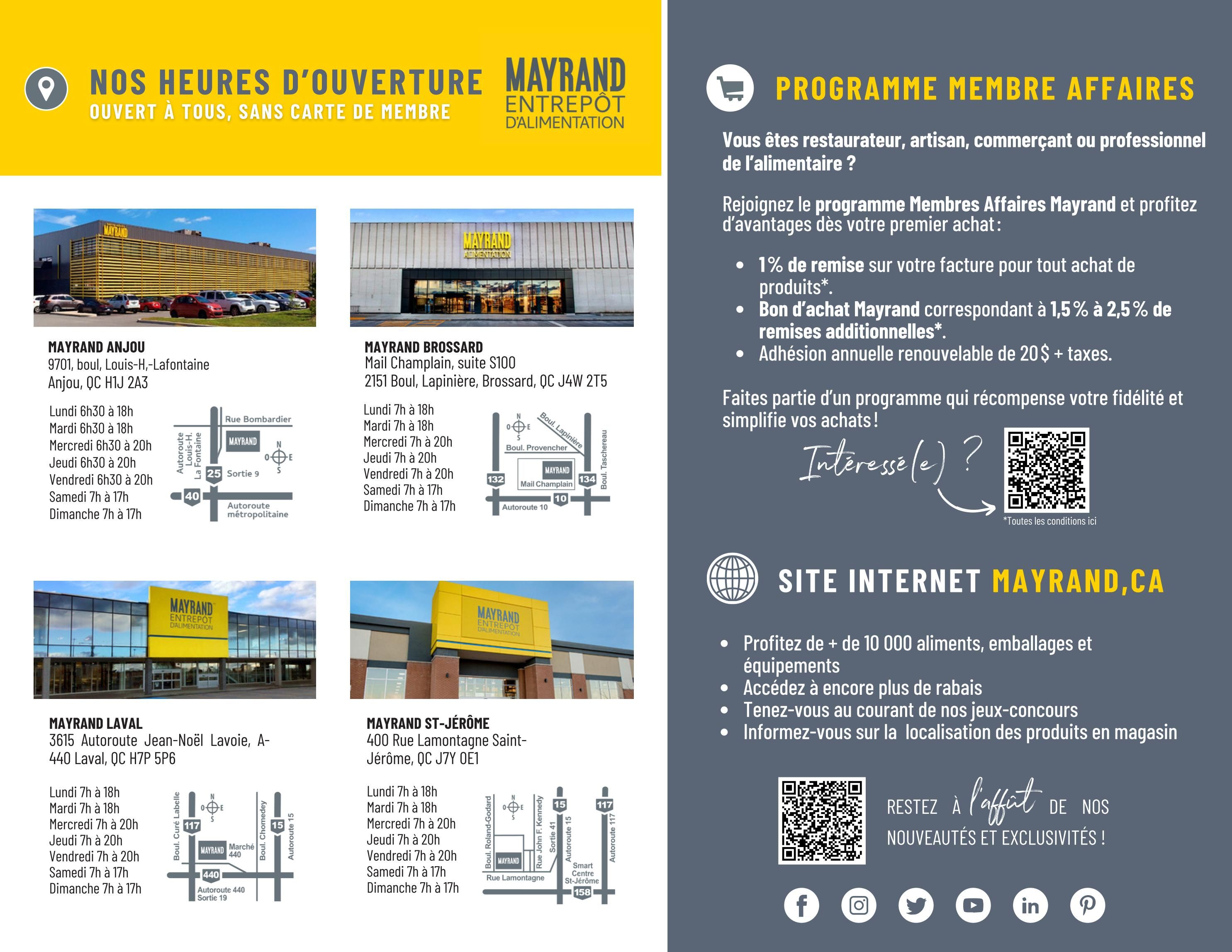 Mayrand flyer page 7 features store locations and hours, including Mayrand Anjou at 9701 boul. Louis-H.-Lafontaine, Anjou, QC H1J 2A3, open Monday to Friday 6:30 am to 6 pm, Saturday 7 am to 5 pm, and Sunday 7 am to 5 pm. Mayrand Brossard at 2151 boul. Champlain, suite S100, Brossard, QC J4W 2T5, open Monday to Friday 7 am to 8 pm, Saturday 7 am to 5 pm, and Sunday 7 am to 5 pm. Mayrand Laval at 3615 Autoroute Jean-Noël Lavoie, A-440, Laval, QC H7P 5P6, open Monday to Friday 7 am to 8 pm, Saturday 7 am to 5 pm, and Sunday 7 am to 5 pm. Mayrand St-Jérôme at 400 Rue Lamontagne, St-Jérôme, QC J7Y 0E1, open Monday to Friday 7 am to 8 pm, Saturday 7 am to 5 pm, and Sunday 7 am to 5 pm. The page also promotes the Mayrand Business Member Program offering 1% rebate on total purchases, Mayrand gift cards from 1.5% to 2.5% of additional discounts, and an annual renewable membership of $20 plus taxes. It encourages customers to join for rewards and simplified purchases. Information on how to join is available via a QR code. The page also highlights the Mayrand website, mayrand.ca, for over 10,000 food, packaging, and equipment items, exclusive deals, contests, and product location information. Social media links for Facebook, Instagram, Twitter, YouTube, LinkedIn, and Pinterest are provided.