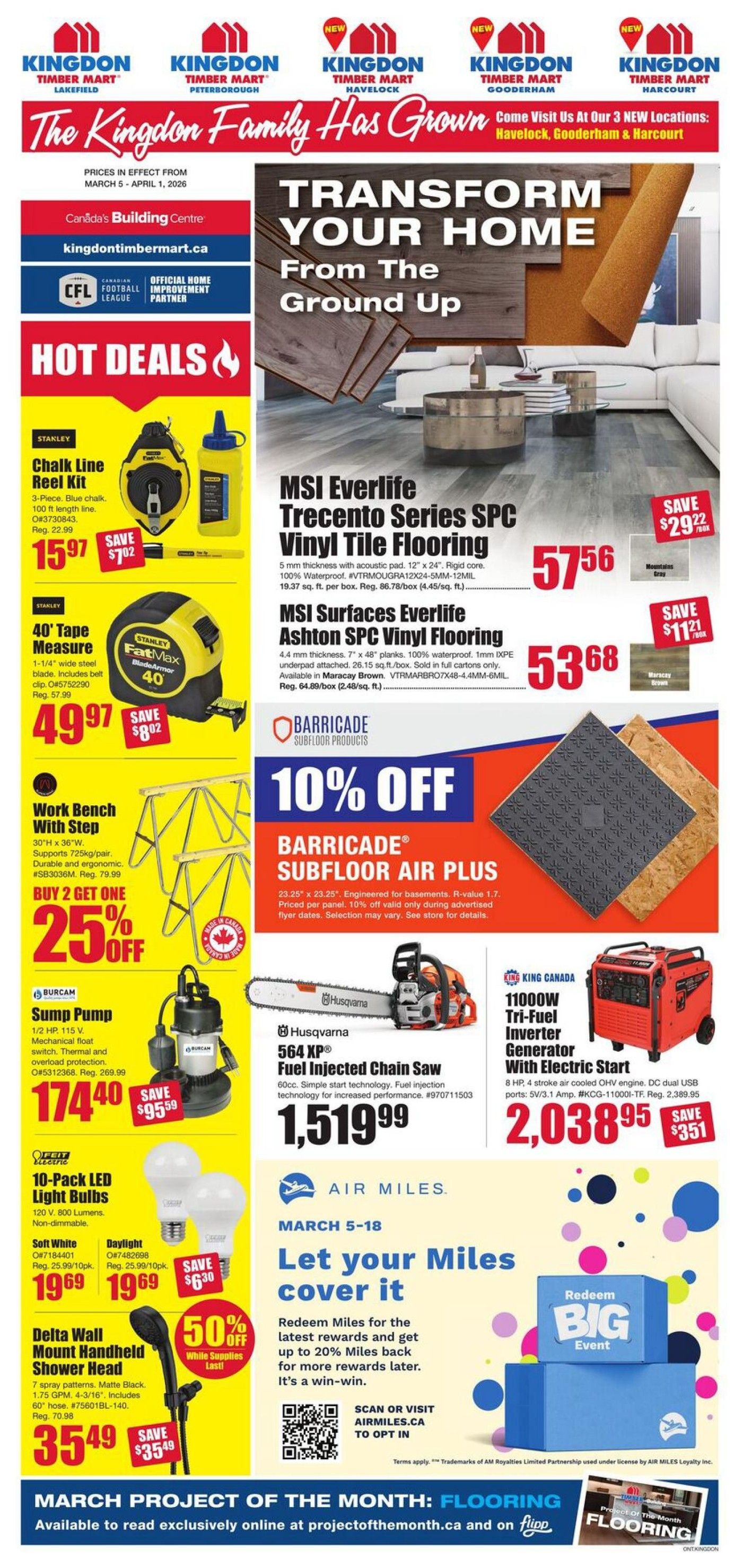 Timber Mart flyer specials for March 5-April 1, 2026. Featured hot deals include a Stanley 3-Piece Chalk Line Reel Kit for $15.97 (save $7.02), a Stanley 40' FatMax Tape Measure for $49.97 (save $8.02), and a Burcam Sump Pump for $174.40 (save $95.59). Also available are Feit Electric 10-Pack LED Light Bulbs in Soft White or Daylight for $19.69 each (save $6.30), and a Delta Wall Mount Handheld Shower Head in Matte Black for $35.49 (save $35.49). Get 25% off a Work Bench With Step, buy 2 get 1 free. Transform your home from the ground up with MSI Everlife Trecento Series SPC Vinyl Tile Flooring at $57.56 per box (save $29.22) and MSI Surfaces Everlife Ashton SPC Vinyl Flooring at $53.68 per box (save $11.21). Save 10% off Barricade Subfloor Air Plus, priced per panel. Other deals include a Husqvarna 564 XP Fuel Injected Chain Saw for $1,519.99 and a King Canada 11000W Tri-Fuel Inverter Generator with Electric Start for $2,038.95 (save $351). Redeem AIR MILES for the latest rewards and get up to 20% Miles back for more rewards later, March 5-18. March Project of the Month is Flooring, available online at projectofthemonth.ca and on flipp.ca.