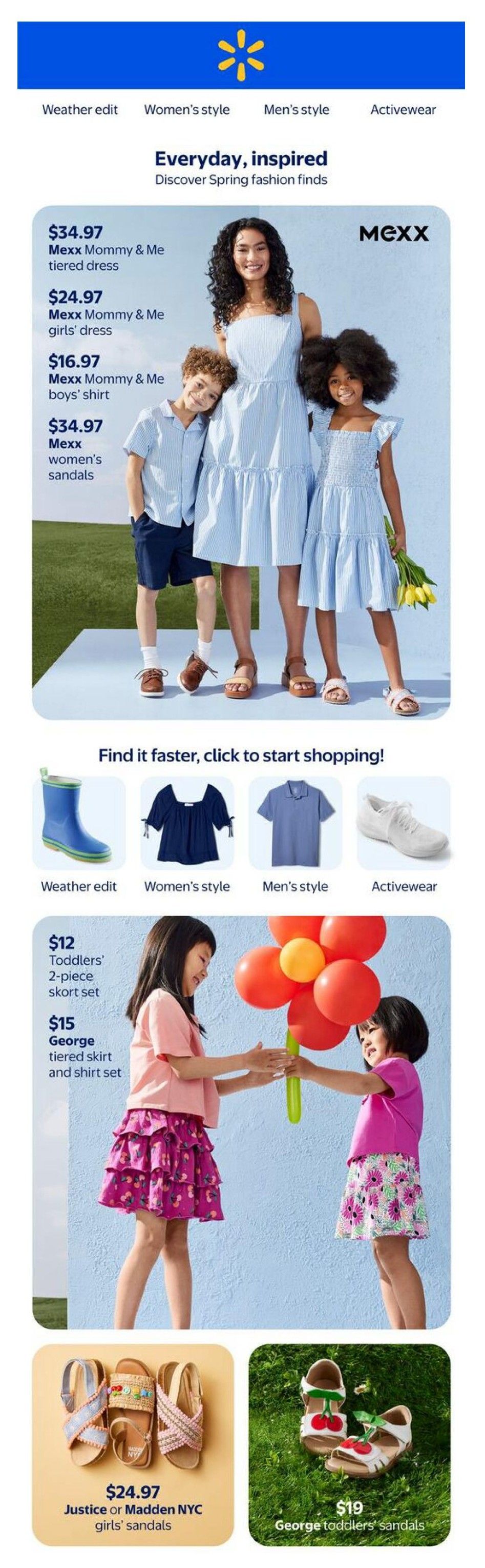 Walmart Canada Spring Fashion flyer. Features Mexx Mommy & Me tiered dress for $34.97, Mexx Mommy & Me girls' dress for $24.97, Mexx Mommy & Me boys' shirt for $16.97, and Mexx women's sandals for $34.97. Also showcases a 'Find it faster, click to start shopping!' section with categories like Weather edit, Women's style, Men's style, and Activewear, featuring blue rain boots, a navy blue top, a blue polo shirt, and white sneakers. Further down, find a Toddlers' 2-piece skort set for $12 and a George tiered skirt and shirt set for $15. The page also highlights Justice or Madden NYC girls' sandals for $24.97 and George toddlers' sandals for $19.