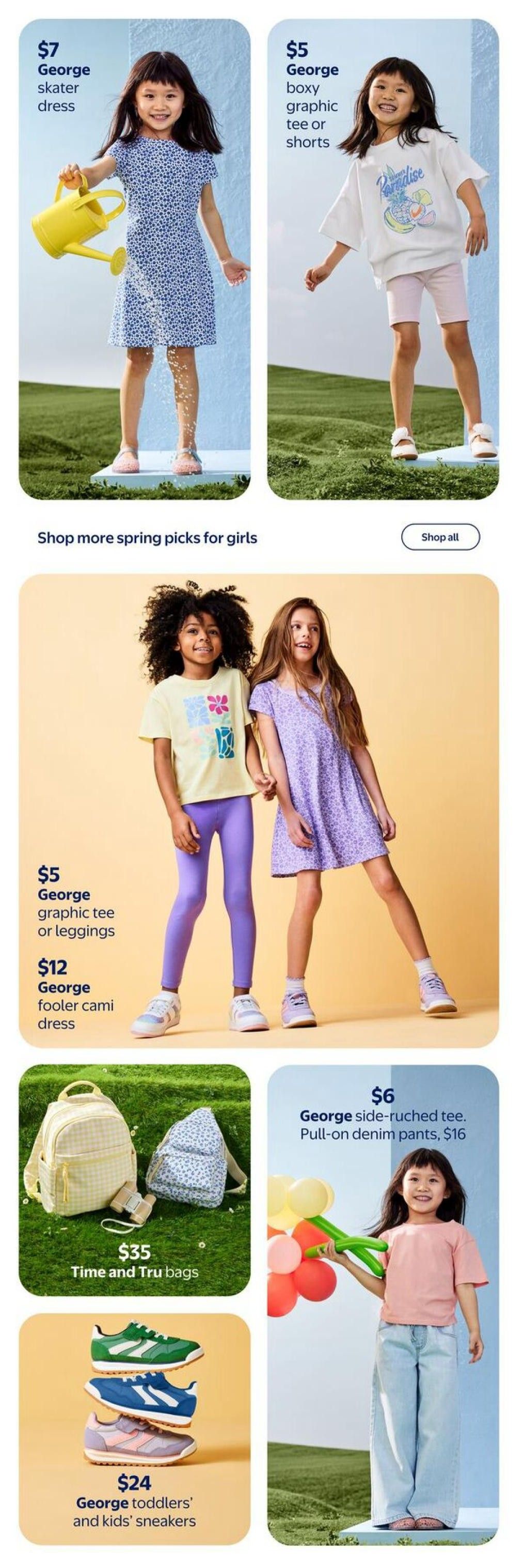 Walmart Canada Spring Fashion flyer, Page 2. Features girls' apparel and accessories. Top left: A girl in a blue floral George skater dress for $7. Top right: A girl in a white George boxy graphic tee or pink shorts for $5. Middle section: A girl in a yellow George graphic tee with purple leggings for $5, and another girl in a purple floral George dress for $12. Bottom left: Two Time and Tru backpacks for $35 and George toddlers' and kids' sneakers for $24. Bottom right: A girl in a pink George side-ruched tee for $6 and light blue pull-on denim pants for $16.