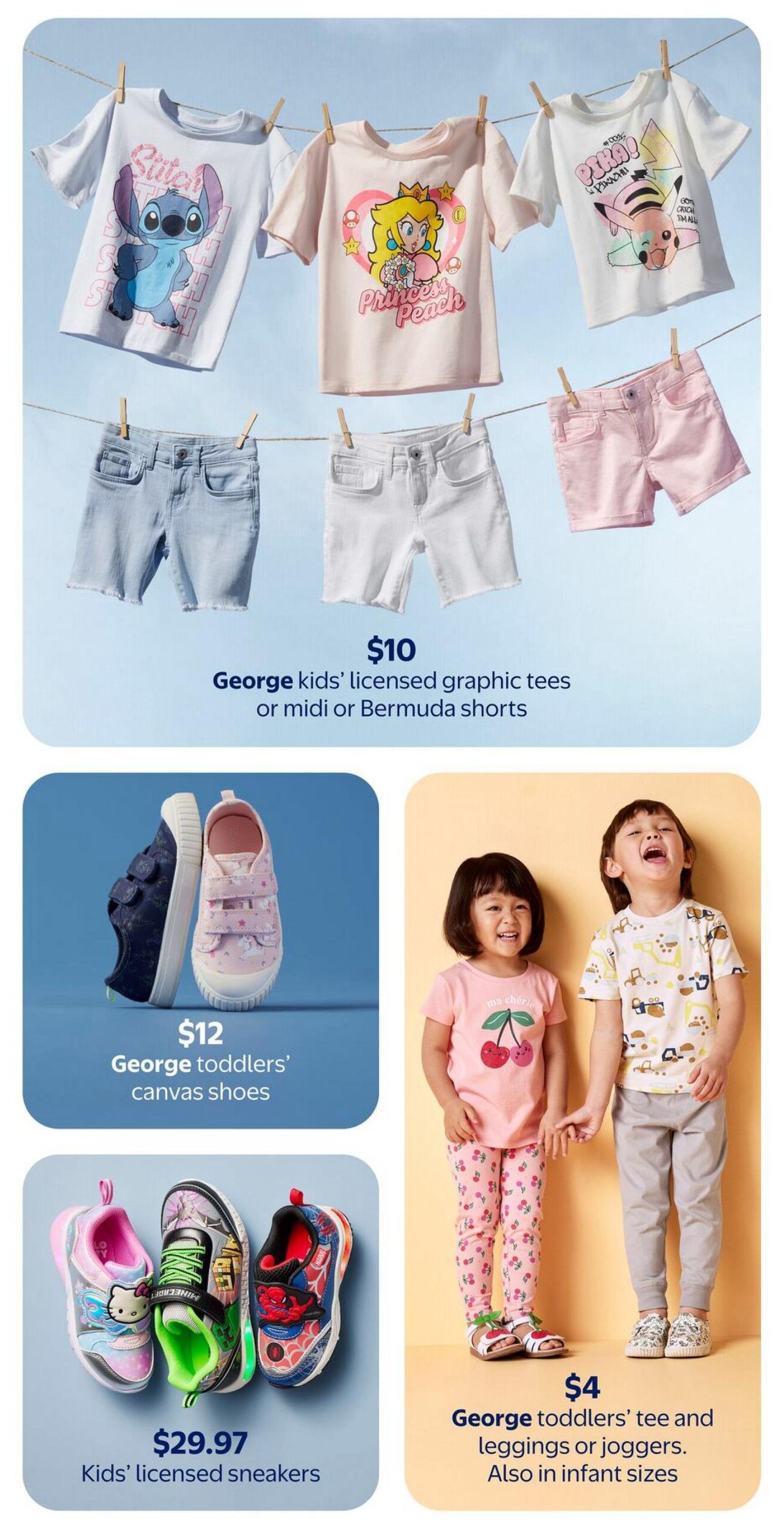 Walmart Canada flyer page 3 featuring George kids' apparel and footwear. Top section displays graphic tees with characters like Stitch, Princess Peach, and Pikachu, alongside denim midi shorts and pink Bermuda shorts, all priced at $10 for graphic tees or shorts. The left column showcases George toddlers' canvas shoes for $12 and kids' licensed sneakers for $29.97, featuring designs from Hello Kitty, Minecraft, and Spider-Man. The right section highlights George toddlers' tee and leggings or joggers sets for $4, also available in infant sizes, with a cherry print tee and leggings, and a patterned tee with joggers.