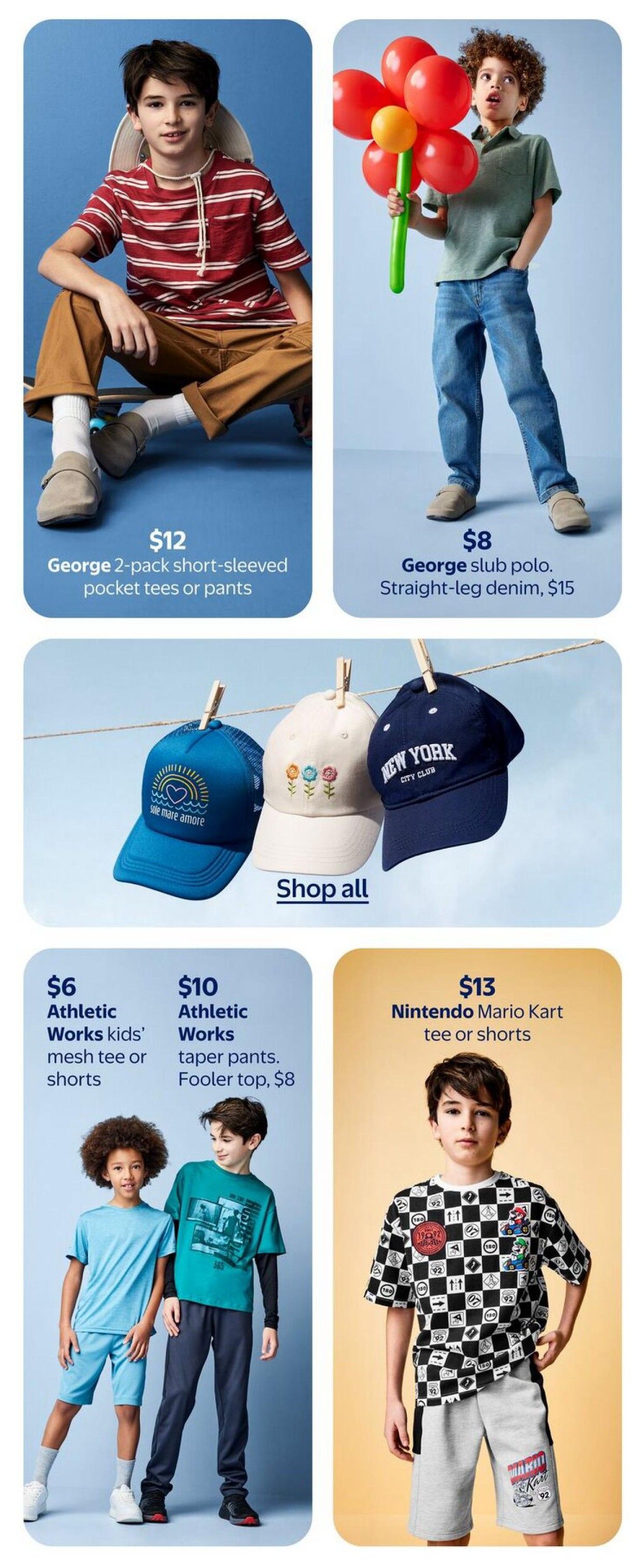 Walmart Canada Spring Fashion flyer, page 5. Features George 2-pack short-sleeved pocket tees or pants for $12. Also available are George slub polos for $8 and straight-leg denim for $15. Shop a variety of caps including a blue trucker cap with 'sole mare amore' and a navy 'New York City Club' cap. Athletic Works kids' mesh tees or shorts are $6, and Athletic Works taper pants are $10 with a 'Fools top' for $8. Additionally, find Nintendo Mario Kart themed tees or shorts for $13.