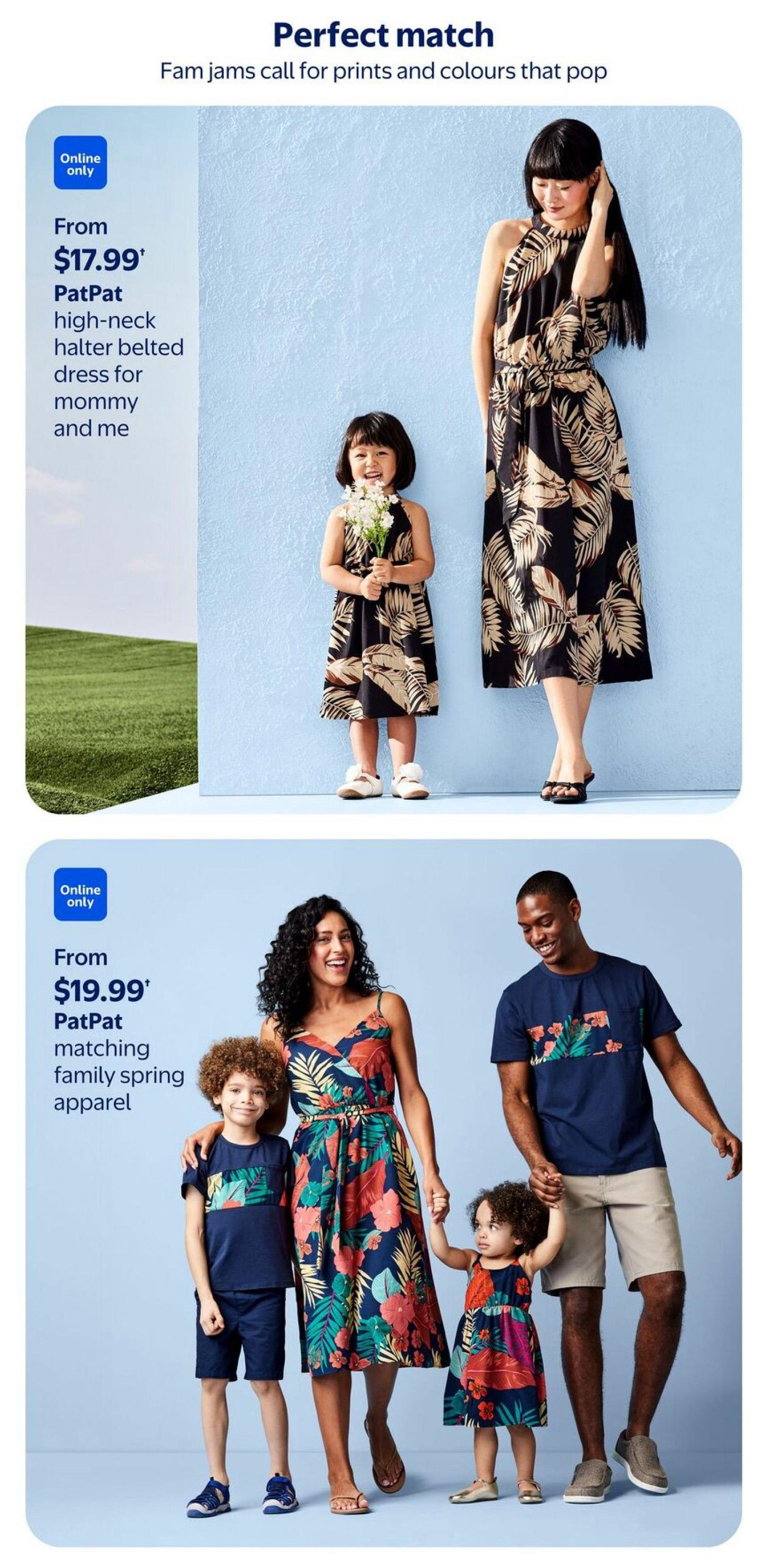 Walmart Canada flyer, page 6. Features 'Perfect match' family fashion with prints and colours. Top section shows a woman and child in matching PatPat high-neck halter belted dresses for mommy and me, starting from $17.99, online only. Bottom section displays PatPat matching family spring apparel, including t-shirts and dresses, starting from $19.99, online only.