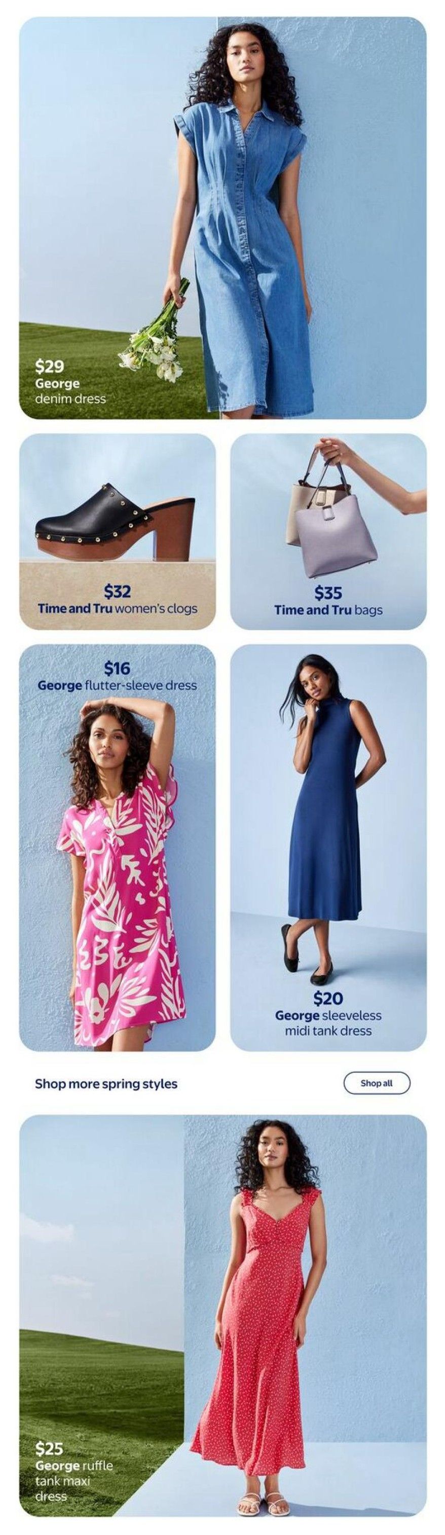 Walmart Canada spring fashion page featuring a George denim dress for $29, Time and Tru women's clogs for $32, and Time and Tru bags for $35. Also shown is a George flutter-sleeve dress for $16, a George sleeveless midi tank dress for $20, and a George ruffle tank maxi dress for $25. The page includes options to 'Shop more spring styles' and 'Shop all'.