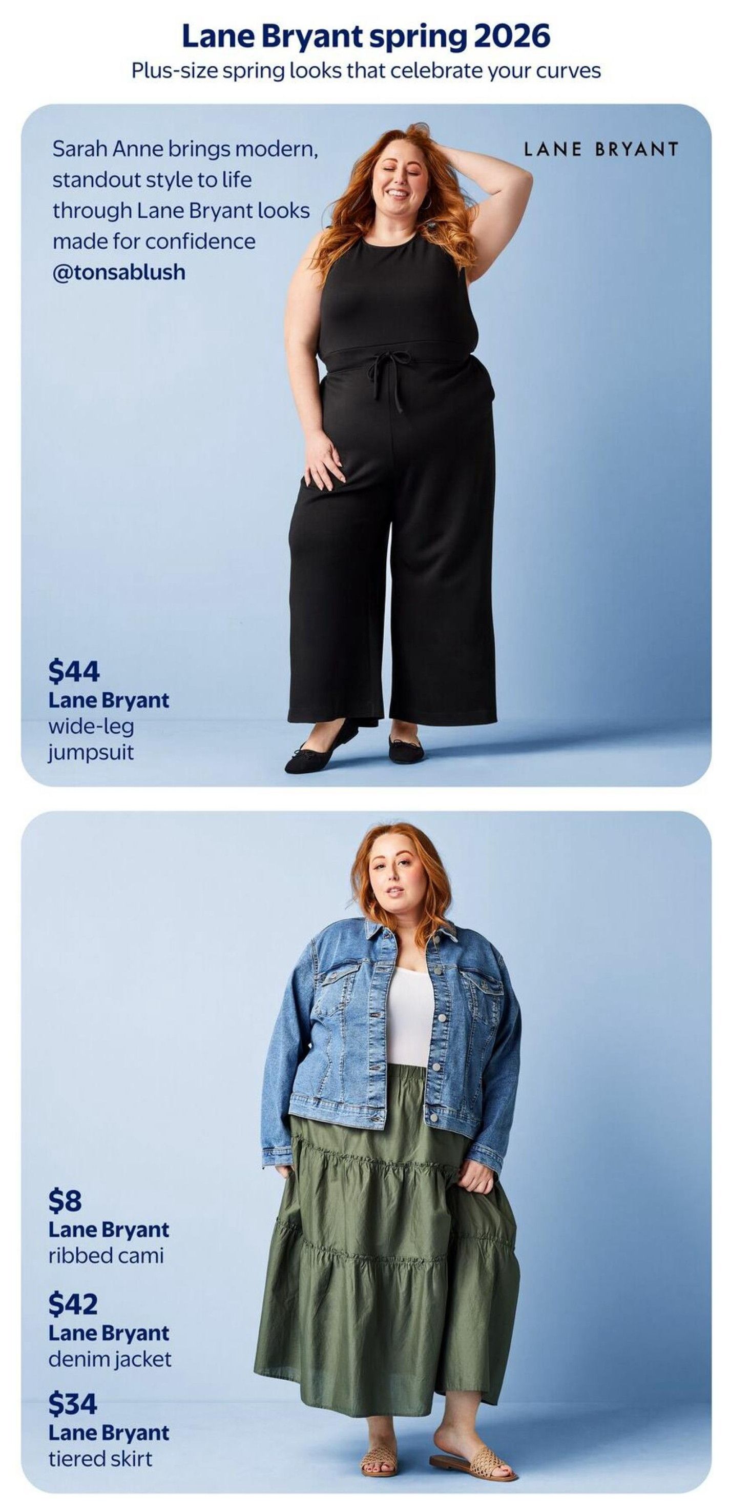 Lane Bryant spring 2026 collection featuring plus-size fashion. Includes a model wearing a black Lane Bryant wide-leg jumpsuit for $44. Another model showcases a Lane Bryant ribbed cami for $8, a Lane Bryant denim jacket for $42, and a Lane Bryant tiered skirt in olive green for $34. The text 'Plus-size spring looks that celebrate your curves' and 'Sarah Anne brings modern, standout style to life through Lane Bryant looks made for confidence @tonsablush' are also displayed.