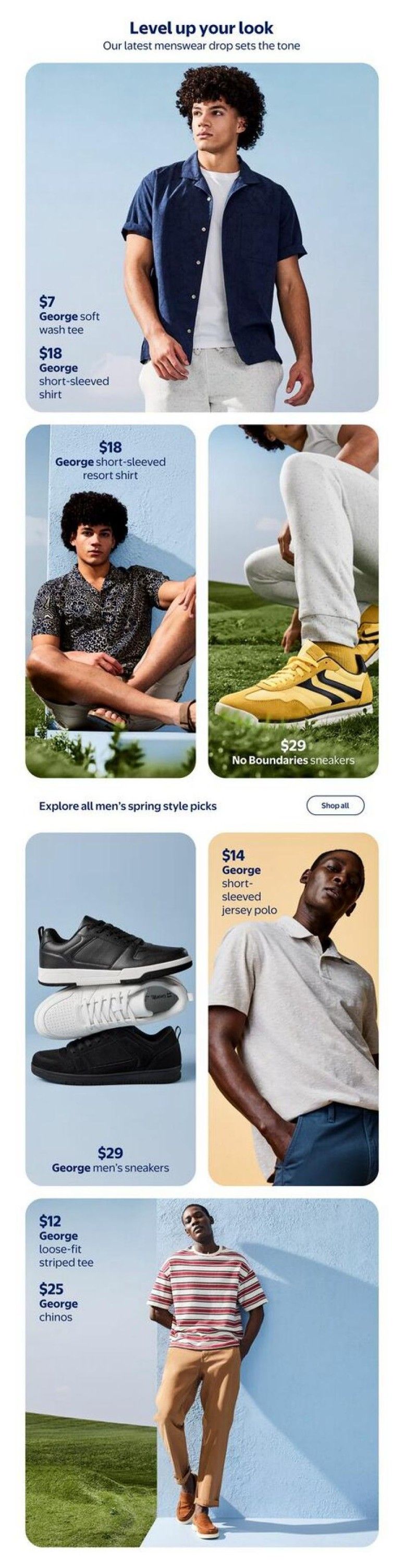Walmart Canada Spring Fashion flyer, Page 12. Features men's apparel and footwear. Includes a George soft wash tee for $7, a George short-sleeved shirt for $18, and another George short-sleeved resort shirt for $18. Also available are No Boundaries sneakers for $29, George men's sneakers for $29, and a George short-sleeved jersey polo for $14. Bottom section shows George loose-fit striped tee for $12 and George chinos for $25. The page is titled 'Level up your look' and invites shoppers to 'Explore all men's spring style picks'.