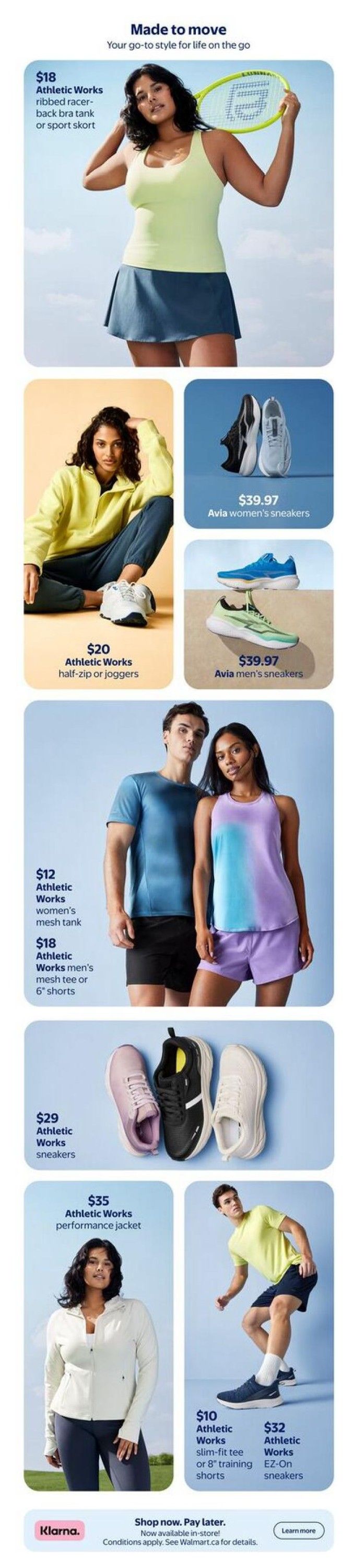 Walmart Canada flyer page featuring 'Made to move' spring fashion. Includes Athletic Works ribbed racer-back bra tank or sport skort for $18, Athletic Works half-zip or joggers for $20, Avia women's sneakers for $39.97, Avia men's sneakers for $39.97, Athletic Works women's mesh tank for $12, Athletic Works men's mesh tee or 6' shorts for $18, Athletic Works sneakers for $29, Athletic Works performance jacket for $35, Athletic Works slim-fit tee or 8' training shorts for $10, and Athletic Works EZ-On sneakers for $32. Also features Klarna payment options.