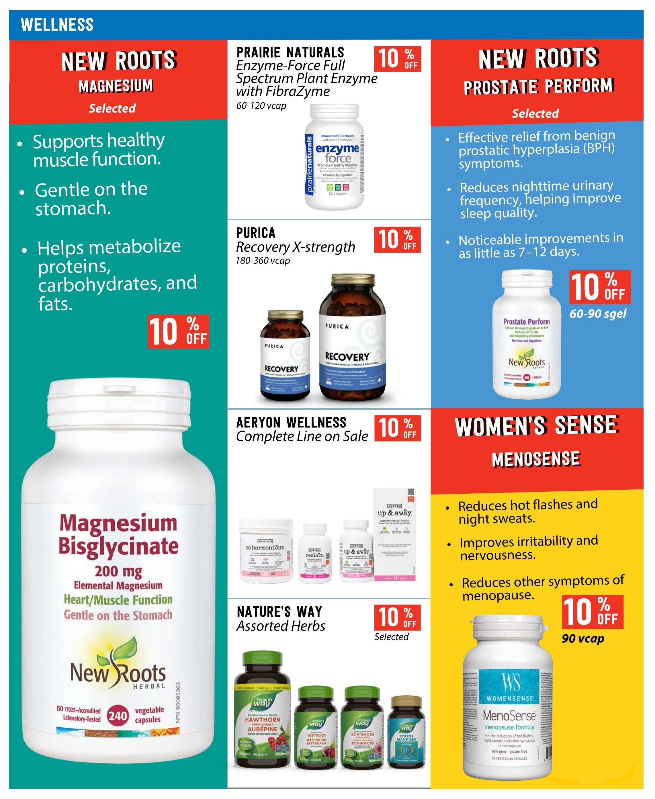 Pomme Natural Market Wellness flyer page 6 features New Roots Magnesium, offering 10% off selected items, and supporting healthy muscle function, digestion, and metabolism. Also featured is Prairie Naturals Enzyme-Force Full Spectrum Plant Enzyme with FibraZyme (60-120 vcap) and Purica Recovery X-strength (180-360 vcap), both with 10% off. Aeryon Wellness Complete Line is on sale. New Roots Prostate Perform is 10% off (60-90 sgel), providing relief from BPH symptoms and reducing nighttime urinary frequency. Women's Sense MenoSense (90 vcap) is 10% off, designed to reduce hot flashes, night sweats, irritability, and other menopause symptoms. Nature's Way Assorted Herbs are selected with 10% off, including products like Hawthorn, Beetroot, Echinacea, and Stress Manager.