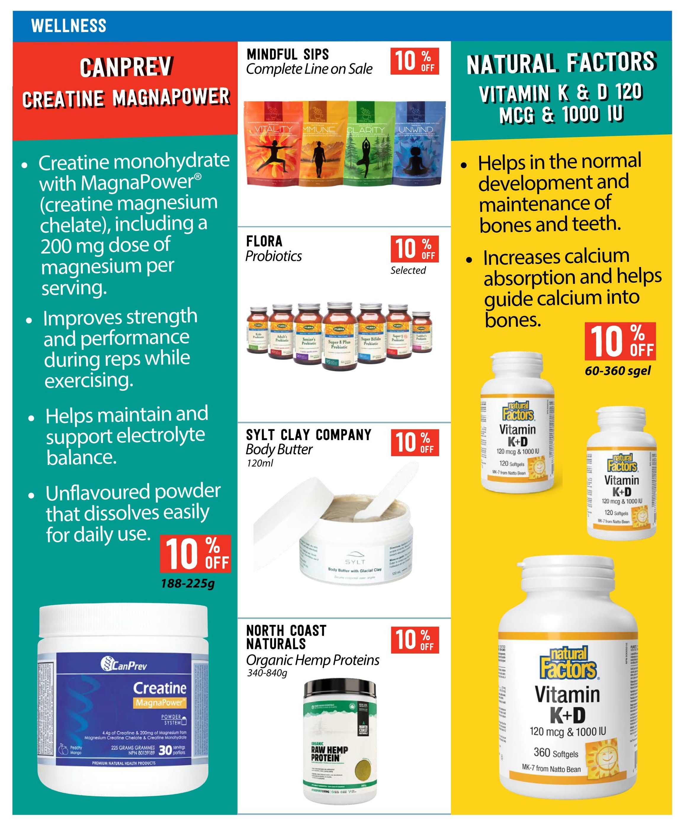 Page 8 of the Pomme Natural Market flyer features wellness products. CanPrev Creatine Magnapower, an unflavoured powder with MagnaPower creatine magnesium chelate, is 10% off and available in 188-225g sizes. It contains 4.4g of creatine and 200mg of magnesium per serving, improving strength and supporting electrolyte balance. Mindful Sips complete line is also 10% off. Flora Probiotics are 10% off on selected varieties. Sylt Clay Company Body Butter (120ml) is 10% off. North Coast Naturals Organic Hemp Proteins (340-840g) are 10% off. Natural Factors Vitamin K & D 120 mcg & 1000 IU softgels are 10% off, available in 60-360 count sizes, and help with bone and teeth development and calcium absorption.