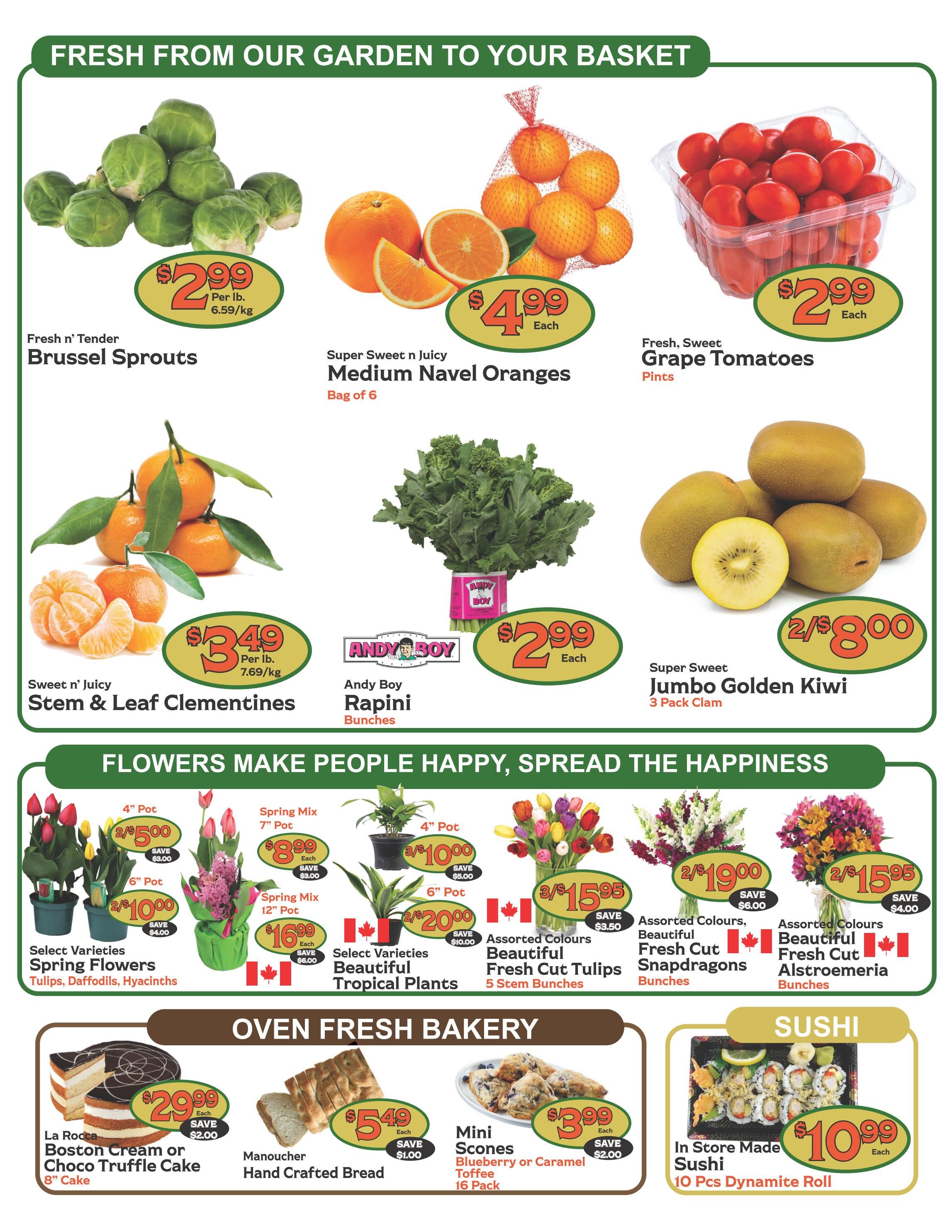 The Garden Basket weekly flyer specials page 2 features fresh produce including Fresh n' Tender Brussel Sprouts for $2.99 per lb, Super Sweet n Juicy Medium Navel Oranges at $4.99 each (bag of 6), Fresh, Sweet Grape Tomatoes for $2.99 each (pints), and Sweet n' Juicy Stem & Leaf Clementines for $3.49 per lb. Also featured is Andy Boy Rapini Bunches for $2.99 each and Super Sweet Jumbo Golden Kiwi (3 pack clam) for 2 for $8.00. The flyer highlights 'Flowers Make People Happy, Spread the Happiness' with various floral options: Select Varieties Spring Flowers (Tulips, Daffodils, Hyacinths) 4' pot for 2 for $5.00 or 6' pot for 2 for $10.00; Spring Mix 7' pot for $8.99 each or 12' pot for $16.99 each; Select Varieties Beautiful Tropical Plants 4' pot for 3 for $10.00 or 6' pot for 2 for $20.00; Assorted Colours Beautiful Fresh Cut Tulips (5 stem bunches) for 3 for $15.95; Assorted Colours Beautiful Fresh Cut Snapdragons (bunches) for 2 for $19.00; and Assorted Colours Beautiful Fresh Cut Alstroemeria (bunches) for 2 for $15.95. The Oven Fresh Bakery section offers La Rocca Boston Cream or Choco Truffle Cake (8' cake) for $29.99 each, Manoucher Hand Crafted Bread for $5.49 each, and Mini Scones (Blueberry or Caramel Toffee, 16 pack) for $3.99 each. Finally, the Sushi section includes In Store Made Sushi 10 Pcs Dynamite Roll for $10.99 each.