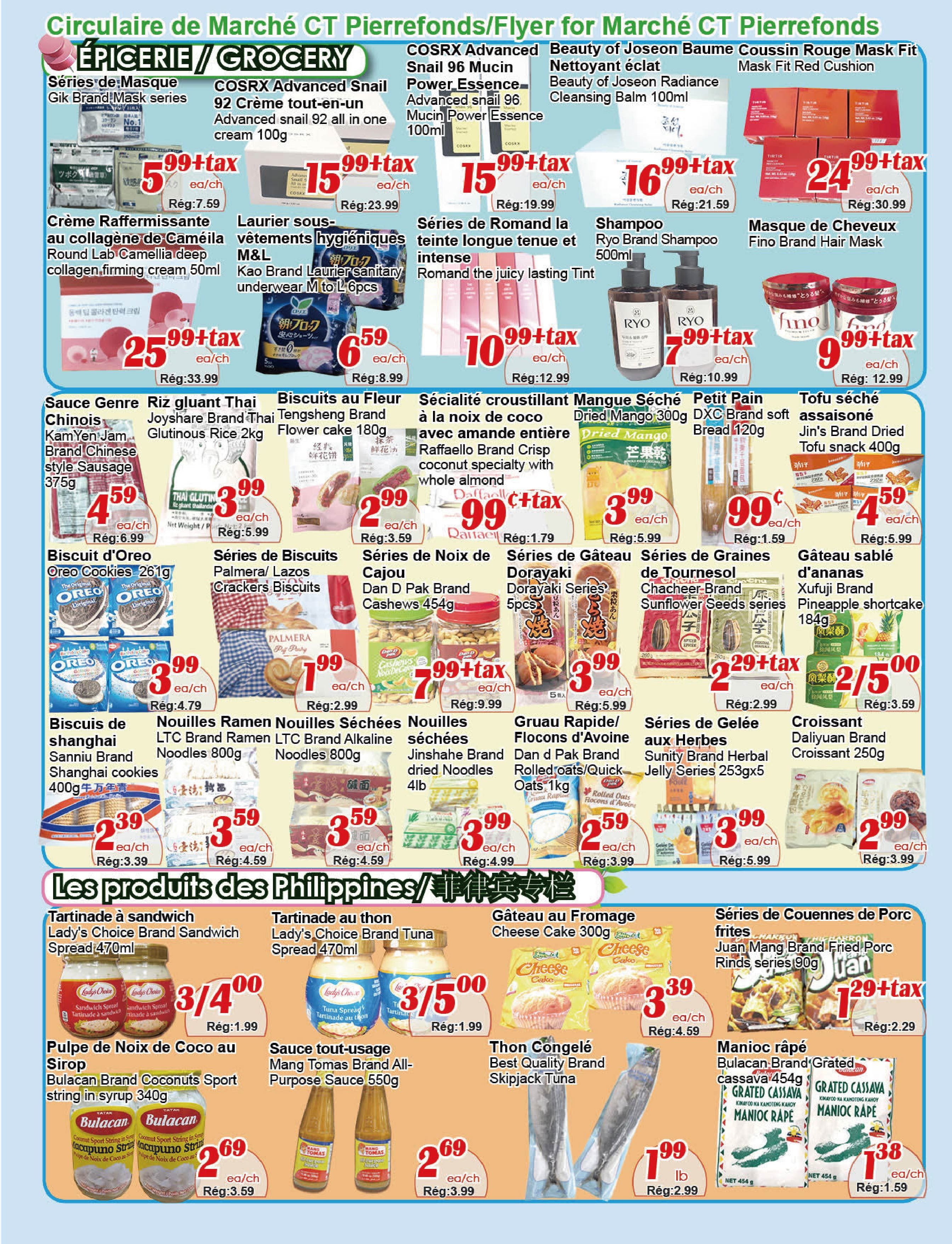 C&T Supermarket flyer page 3 features a wide variety of grocery items. Top section includes Gik Brand Mask series for $5.99, COSRX Advanced Snail 92 All In One Cream for $15.99, Beauty of Joseon Radiance Cleansing Balm for $16.99, and Fino Brand Hair Mask for $24.99. Also featured are Round Lab Camellia Firming Cream for $25.99, Kao Brand Sanitary Underwear for $6.59, and Romand Juicy Lasting Tints for $10.99. Ryo Brand Shampoo is on sale for $7.99. In the middle section, find Kam Yen Jam Brand Chinese Sausage for $4.59, Joyshare Brand Thai Glutinous Rice for $3.99, Tengsheng Brand Flower Cake for $2.99, Raffaello Brand Crispy Coconut Specialty with Whole Almond for $0.99, Dried Mango for $3.99, DXC Brand Soft Bread for $0.99, and Jin's Brand Dried Tofu Snack for $4.59. Oreo Cookies are $3.99, Palmera Crackers Biscuits are $1.99, Dan D Pak Brand Cashews are $7.99, Dorayaki Series snacks are $3.99, Chacheer Brand Sunflower Seeds are $2.29, and Xufuji Brand Pineapple Shortcake is $2.00. The bottom section, 'Products of the Philippines', includes Lady's Choice Brand Sandwich Spread for $3/4.00, Lady's Choice Brand Tuna Spread for $3/5.00, Bulacan Brand Coconut Sport String in Syrup for $2.69, Mang Tomas Brand All-Purpose Sauce for $2.69, Best Quality Brand Skipjack Tuna for $1.99/lb, Juan Mang Brand Fried Pork Rinds for $1.29, and Bulacan Brand Grated Cassava for $1.38.
