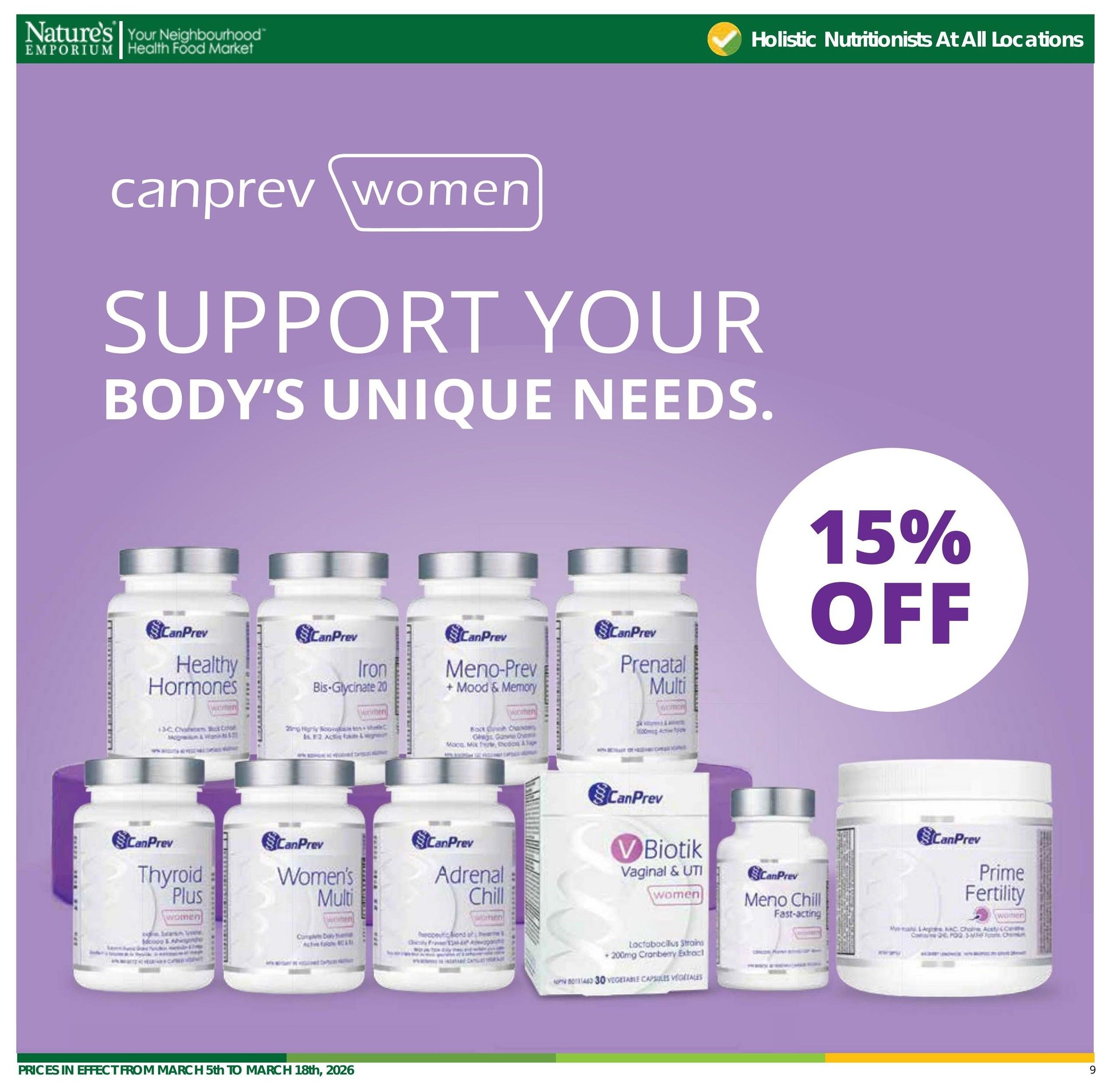 Nature's Emporium flyer page 9 features CanPrev women's health supplements with a 15% off discount. Products include CanPrev Healthy Hormones, Iron Bis-Glycinate 20, Meno-Prev + Mood & Memory, Prenatal Multi, Thyroid Plus, Women's Multi, Adrenal Chill, VBiotic Vaginal & UTI, Meno Chill Fast-acting, and Prime Fertility. Prices are in effect from March 5th to March 18th, 2026.