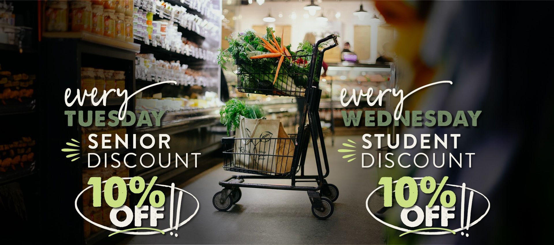 The Root Cellar weekly flyer specials page 7 features two special discount days. Every Tuesday, seniors receive a 10% off discount. Every Wednesday, students receive a 10% off discount. The background shows a grocery store aisle with a shopping cart filled with fresh produce.