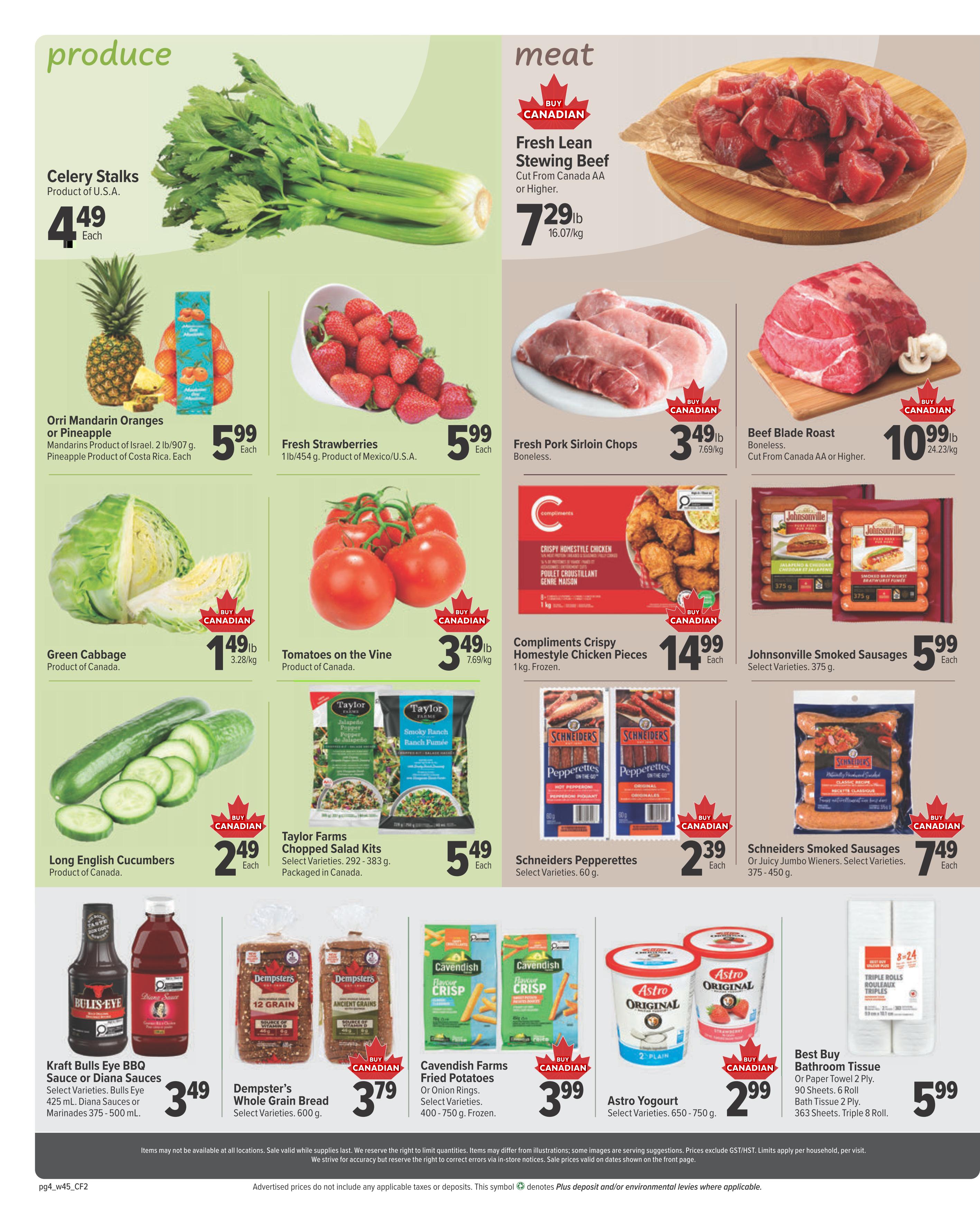 Bidgood's weekly flyer specials page 4 features produce and meat. Produce includes Celery Stalks for $4.49 each, Orri Mandarin Oranges or Pineapple for $5.99 each, Fresh Strawberries for $5.99 each, Green Cabbage for $1.49 lb, Tomatoes on the Vine for $3.49 lb, and Long English Cucumbers for $2.49 each. Meat specials include Fresh Lean Stewing Beef for $7.29 lb, Fresh Pork Sirloin Chops for $3.49 lb, and Beef Blade Roast for $10.99 lb. Other featured items are Compliments Crispy Homestyle Chicken Pieces for $14.99 each, Johnsonville Smoked Sausages for $5.99 each, Schneiders Pepperettes for $2.39 each, Kraft Bulls Eye BBQ Sauce or Diana Sauces for $3.49, Dempster's Whole Grain Bread for $3.79, Cavendish Farms Fried Potatoes or Onion Rings for $3.99, Astro Yogurt for $2.99, and Best Buy Bathroom Tissue for $5.99.