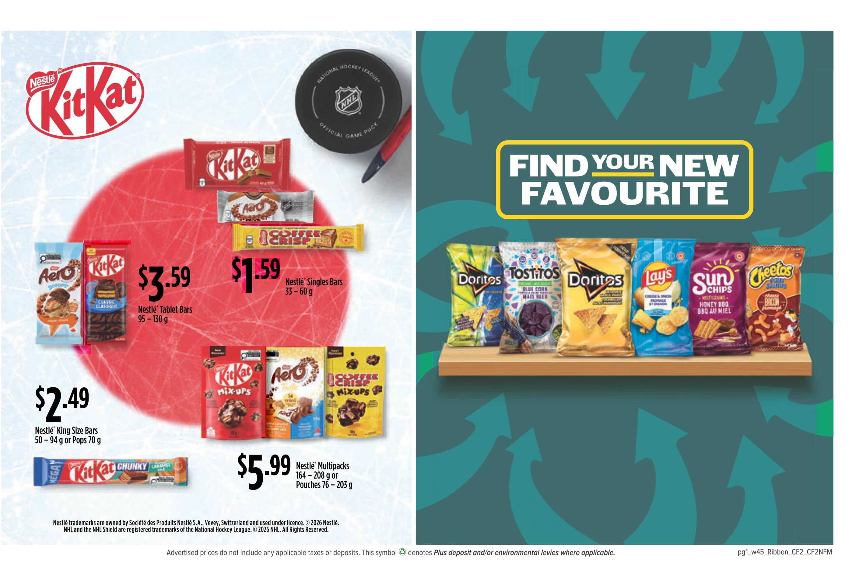 Bidgood's weekly flyer specials page 5 features a selection of Nestlé chocolate bars and snacks, along with various chip brands. On the left, find Nestlé Tablet Bars for $3.59 (95-130 g), Nestlé Singles Bars for $1.59 (33-60 g), Nestlé King Size Bars for $2.49 (50-94 g or Pops 70 g), and Nestlé Multipacks for $5.99 (164-208 g or Pouches 76-203 g). Products include KitKat, Aero, and Coffee Crisp. On the right, a shelf displays a variety of chips including Doritos, Tostitos, Lay's, Sun Chips Honey BBQ, and Cheetos. The page also features an NHL official game puck and the slogan 'Find Your New Favourite.