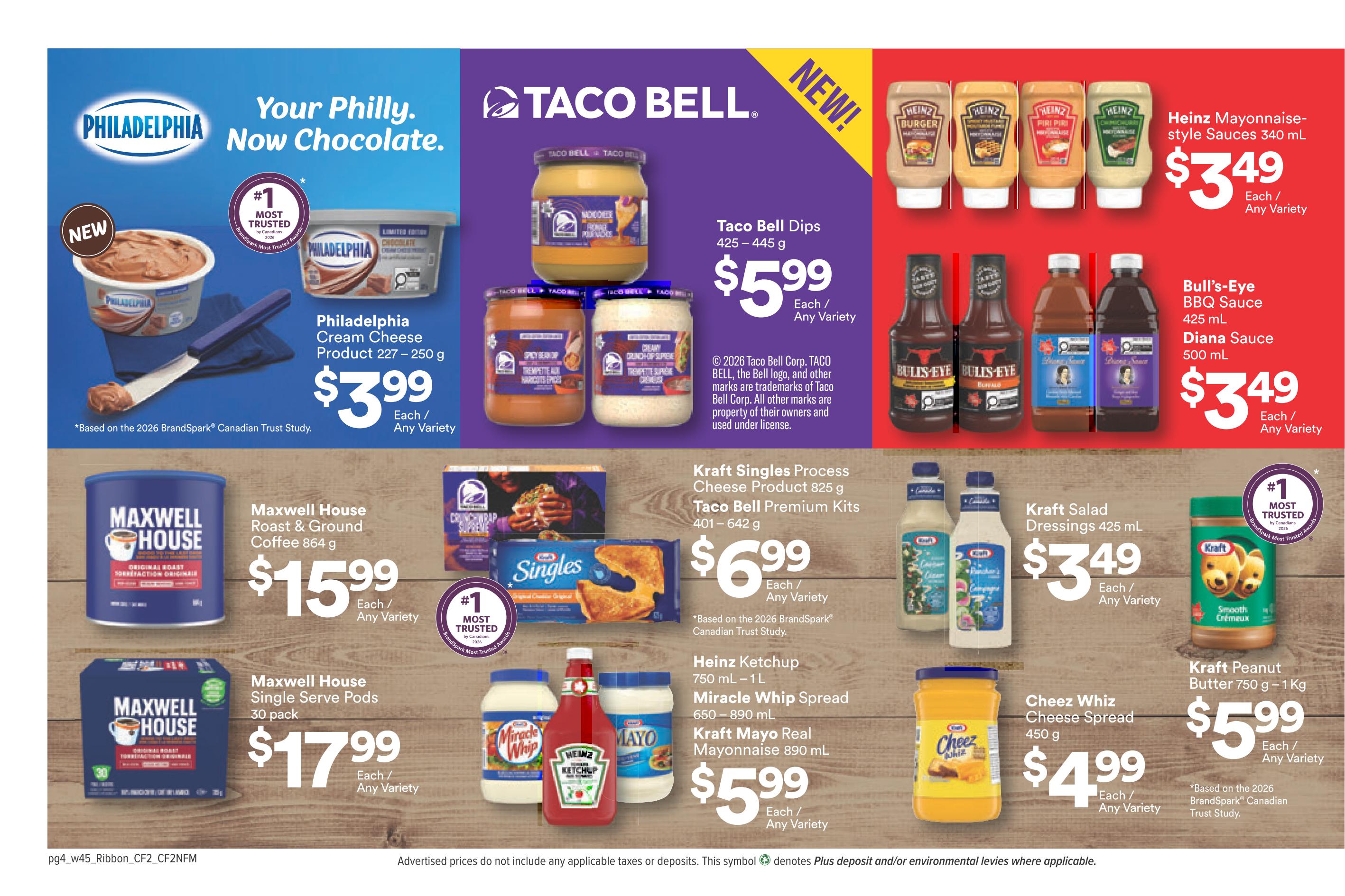 Bidgood's weekly flyer specials page 8 features Philadelphia Cream Cheese in chocolate flavour for $3.99 per 250g. Taco Bell Dips are available for $5.99 per 425-445g. Heinz Mayonnaise-style Sauces are $3.49 per 340ml, and Bull's-Eye BBQ Sauce and Diana Sauce are $3.49 per 425ml and 500ml respectively. Maxwell House Roast & Ground Coffee is $15.99 per 864g, and Maxwell House Single Serve Pods (30 pack) are $17.99. Kraft Singles Process Cheese Product (825g) and Taco Bell Premium Kits (401-642g) are on sale for $6.99. Kraft Salad Dressings are $3.49 per 425ml. Kraft Peanut Butter is $5.99 per 750g-1Kg. Cheez Whiz Cheese Spread is $4.99 per 450g. Also featured are Heinz Ketchup (750ml-1L), Miracle Whip Spread (650-890ml), and Kraft Mayo Real Mayonnaise (890ml) for $5.99.
