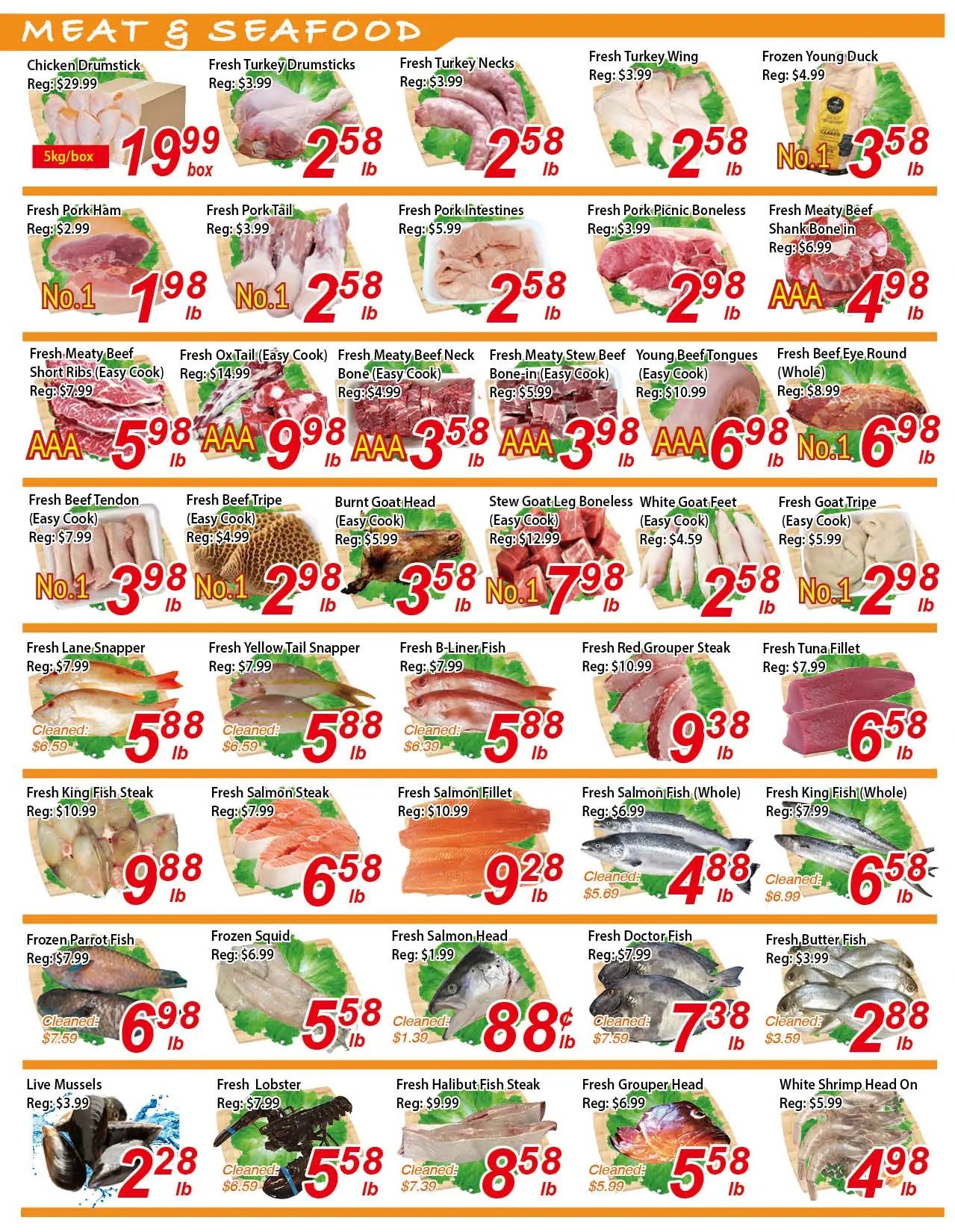 Fresh Win Foodmart weekly flyer specials page 2 features a wide selection of meat and seafood. Highlights include Chicken Drumstick at $19.99 per 5kg box, Fresh Turkey Drumsticks and Necks at $2.58/lb, Fresh Turkey Wing at $2.58/lb, and Frozen Young Duck at $3.58/lb. Other meat options are Fresh Pork Ham for $1.98/lb, Fresh Pork Tail for $2.58/lb, Fresh Pork Intestines for $2.58/lb, Fresh Pork Picnic Boneless for $2.98/lb, and Fresh Meaty Beef Shank Bone-in for $4.98/lb. Also featured are Fresh Meaty Beef Short Ribs (Easy Cook) for $5.98/lb, Fresh Ox Tail (Easy Cook) for $9.98/lb, Fresh Meaty Beef Neck Bone (Easy Cook) for $3.58/lb, Fresh Meaty Stew Beef Bone-in (Easy Cook) for $3.98/lb, Young Beef Tongues (Easy Cook) for $6.98/lb, and Fresh Beef Eye Round (Whole) for $6.98/lb. Additional meat items include Fresh Beef Tendon (Easy Cook) for $3.98/lb, Fresh Beef Tripe (Easy Cook) for $2.98/lb, Burnt Goat Head (Easy Cook) for $3.58/lb, Stew Goat Leg Boneless (Easy Cook) for $17.98/lb, White Goat Feet (Easy Cook) for $2.58/lb, and Fresh Goat Tripe (Easy Cook) for $2.98/lb. Seafood specials include Fresh Lane Snapper for $5.88/lb, Fresh Yellow Tail Snapper for $5.88/lb, Fresh B-Liner Fish for $5.88/lb, Fresh Red Grouper Steak for $9.38/lb, and Fresh Tuna Fillet for $6.58/lb. More seafood deals are Fresh King Fish Steak for $9.88/lb, Fresh Salmon Steak for $6.58/lb, Fresh Salmon Fillet for $9.28/lb, Fresh Salmon Fish (Whole) for $4.88/lb, Fresh King Fish (Whole) for $6.58/lb, Frozen Parrot Fish for $6.98/lb, Frozen Squid for $5.58/lb, Fresh Salmon Head for $0.88/lb, Fresh Doctor Fish for $7.38/lb, Fresh Butter Fish for $2.88/lb, Live Mussels for $2.28/lb, Fresh Lobster for $5.58/lb, Fresh Halibut Fish Steak for $8.58/lb, Fresh Grouper Head for $5.58/lb, and White Shrimp Head On for $4.98/lb.