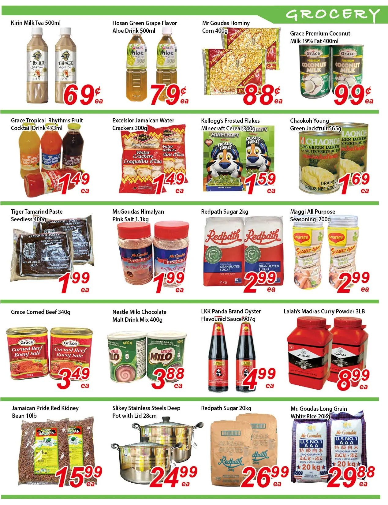 Fresh Win Foodmart weekly flyer specials, page 3. Grocery section featuring Kirin Milk Tea 500ml for $0.69 each, Hosan Green Grape Flavor Aloe Drink 500ml for $0.79 each, and Mr Goudas Hominy Corn 400g for $0.88 each. Grace Premium Coconut Milk 19% Fat 400ml is $0.99 each. Grace Tropical Rhythms Fruit Cocktail Drink 473ml is $1.49 each. Excelsior Jamaican Water Crackers 300g are $1.49 each. Kellogg's Frosted Flakes Minecraft Cereal 340g is $1.59 each. Chaokoh Young Green Jackfruit 565g is $1.69 each. Tiger Tamarind Paste Seedless 400g is $1.99 each. Mr. Goudas Himalayan Pink Salt 1.1kg is $1.99 each. Redpath Sugar 2kg is $2.99 each. Maggi All Purpose Seasoning 200g is $2.99 each. Grace Corned Beef 340g is $3.49 each. Nestle Milo Chocolate Malt Drink Mix 400g is $3.88 each. LKK Panda Brand Oyster Flavoured Sauce 907g is $4.99 each. Lalah's Madras Curry Powder 3LB is $8.99 each. Jamaican Pride Red Kidney Bean 10lb is $15.99 each. Slikey Stainless Steels Deep Pot with Lid 28cm is $24.99 each. Redpath Sugar 20kg is $26.99 each. Mr. Goudas Long Grain White Rice 20kg is $29.88 each.