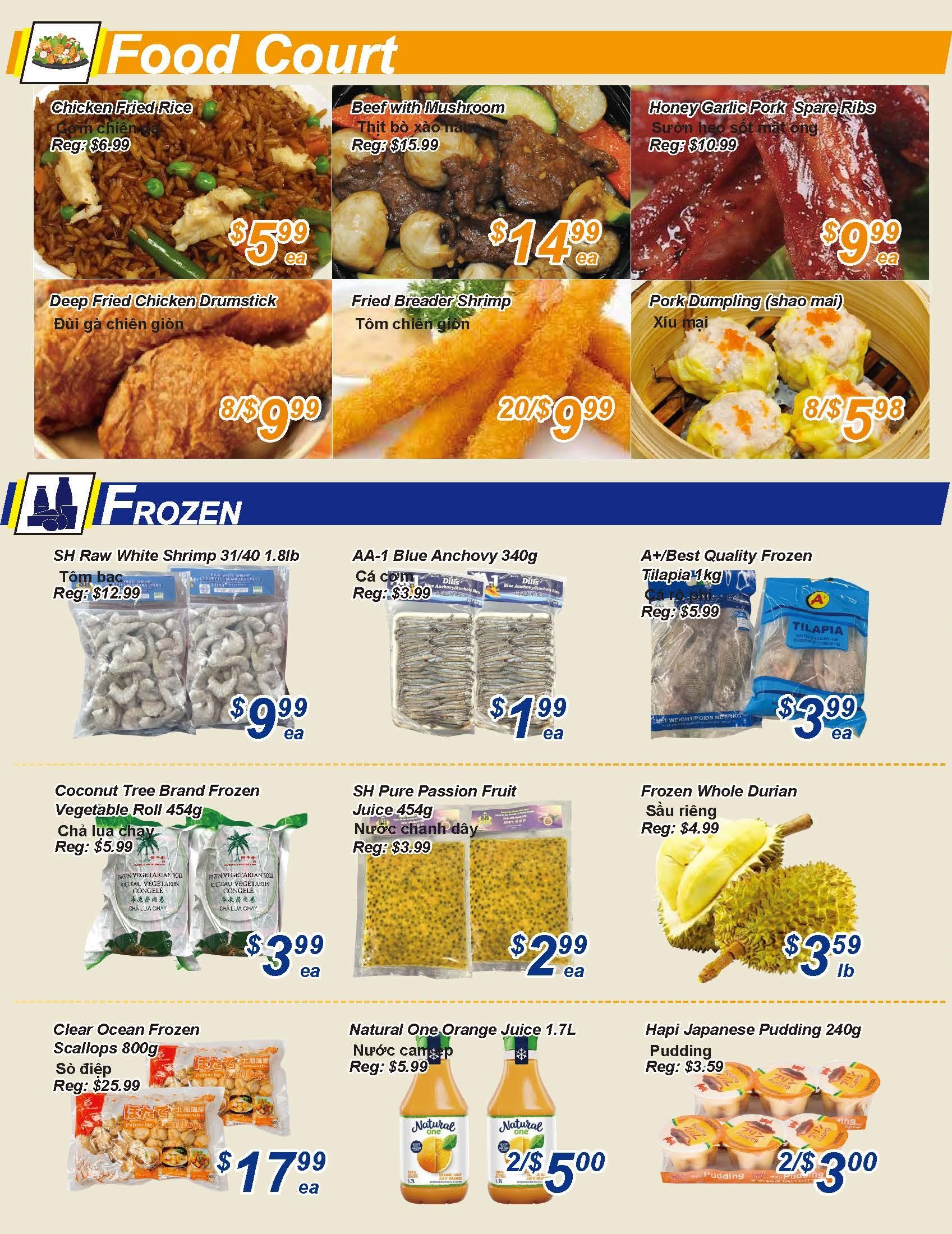 Golden Fresh Market weekly flyer specials page 2 features a 'Food Court' section with Chicken Fried Rice for $5.99 ea, Beef with Mushroom for $14.99 ea, Honey Garlic Pork Spare Ribs for $9.99 ea, Deep Fried Chicken Drumstick for 8/$9.99, Fried Breaded Shrimp for 20/$9.99, and Pork Dumpling (shao mai) for 8/$5.98. The 'Frozen' section includes SH Raw White Shrimp 31/40 1.8lb for $9.99 ea, AA-1 Blue Anchovy 340g for $1.99 ea, A+/Best Quality Frozen Tilapia 1kg for $3.99 ea, Coconut Tree Brand Frozen Vegetable Roll 454g for $3.99 ea, SH Pure Passion Fruit Juice 454g for $2.99 ea, Frozen Whole Durian for $3.59 lb, Clear Ocean Frozen Scallops 800g for $17.99 ea, Natural One Orange Juice 1.7L for 2/$5.00, and Hapi Japanese Pudding 240g for 2/$3.00.