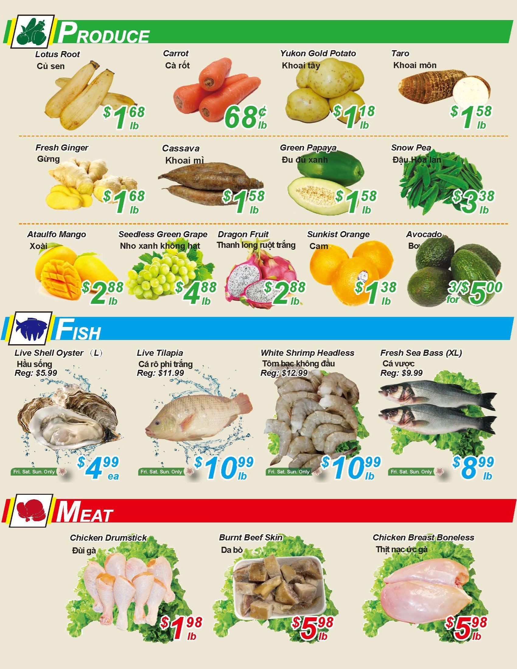 Golden Fresh Market weekly flyer specials page 3 features a variety of produce, fish, and meat. Produce highlights include Lotus Root for $1.68/lb, Carrots for $0.68/lb, Yukon Gold Potatoes for $1.18/lb, and Taro for $1.58/lb. Also available are Fresh Ginger for $1.68/lb, Cassava for $1.58/lb, Green Papaya for $1.58/lb, and Snow Peas for $3.38/lb. Ataulfo Mangoes are $2.88/lb, Seedless Green Grapes are $4.88/lb, Dragon Fruit is $2.88/lb, Sunkist Oranges are $1.38/lb, and Avocados are 3 for $5.00. In the fish section, Live Shell Oysters (L) are $4.99 each (Fri-Sun Only), Live Tilapia is $10.99/lb (Fri-Sun Only), White Shrimp Headless is $10.99/lb (Fri-Sun Only), and Fresh Sea Bass (XL) is $8.99/lb (Fri-Sun Only). The meat section offers Chicken Drumsticks for $1.98/lb, Burnt Beef Skin for $5.98/lb, and Chicken Breast Boneless for $5.98/lb.