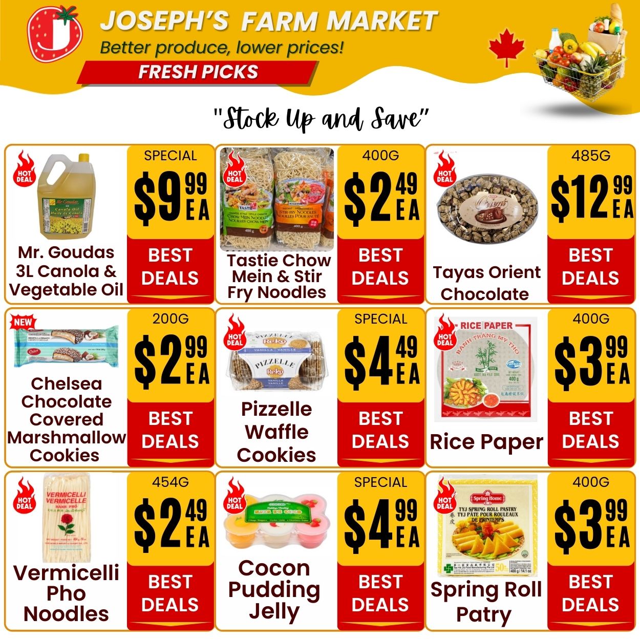 Joseph's Farm Market weekly flyer specials page 5. Featured items include Mr. Goudas 3L Canola & Vegetable Oil, Taste Chow Mein & Stir Fry Noodles for $2.49, Tayas Orient Chocolate for $12.99, Chelsea Chocolate Covered Marshmallow Cookies, Pizzelle Waffle Cookies for $4.49, Rice Paper for $3.99, Vermicelli Pho Noodles for $2.49, Cocon Pudding Jelly for $4.99, and Spring Roll Patry for $3.99.