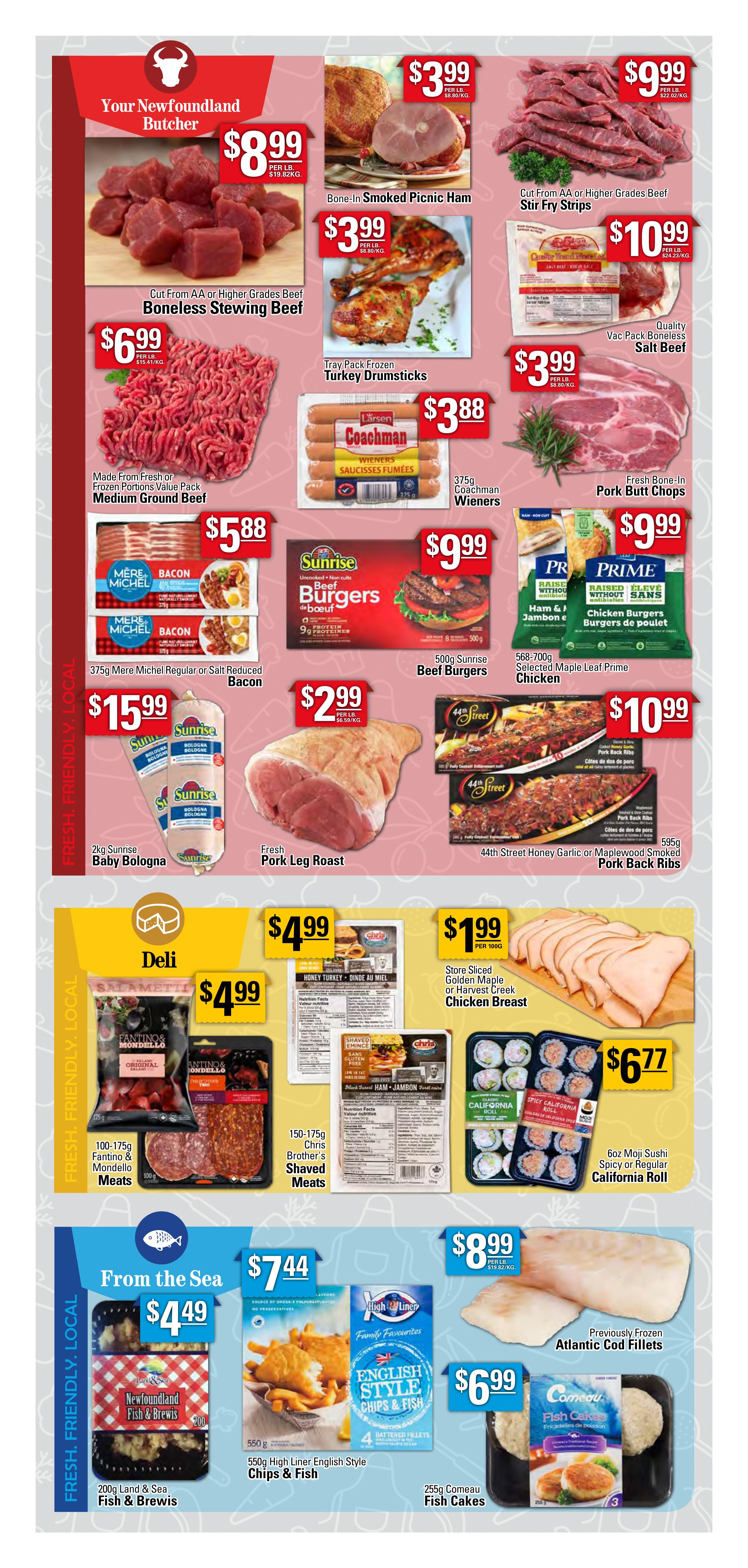 Powell's Supermarket weekly flyer specials, page 3. Featuring 'Your Newfoundland Butcher' section with Cut from AA or Higher Grades Beef Boneless Stewing Beef for $8.99 per lb, Made From Fresh or Frozen Portions Value Pack Medium Ground Beef for $6.99 per lb, Bone-In Smoked Picnic Ham for $3.99 per lb, Tray Pack Frozen Turkey Drumsticks for $3.99 per lb, Cut From AA or Higher Grades Beef Stir Fry Strips for $10.99 per lb, Vac Pack Boneless Salt Beef for $3.99 per lb, Fresh Bone-In Pork Butt Chops for $3.99 per lb, 375g Coachman Wieners for $3.88, 375g Mere Michel Regular or Salt Reduced Bacon for $5.88, 500g Sunrise Beef Burgers for $9.99, 568-700g PRIME Selected Maple Leaf Prime Chicken for $9.99, 2kg Sunrise Baby Bologna for $15.99, Fresh Pork Leg Roast for $2.99 per lb, and 595g 44th Street Honey Garlic or Maplewood Smoked Pork Back Ribs for $10.99. The 'Deli' section includes 100-175g Fantino & Mondello Meats for $4.99, 150-175g Chris Brother's Shaved Meats for $4.99, Store Sliced Golden Maple or Harvest Creek Chicken Breast for $1.99 per 100g, and 6oz Moji Sushi Spicy or Regular California Roll for $6.77. 'From the Sea' offers 200g Land & Sea Fish & Brewis for $4.49, 550g High Liner English Style Chips & Fish for $7.44, Previously Frozen Atlantic Cod Fillets for $8.99 per lb, and 255g Comeau Fish Cakes for $6.99.