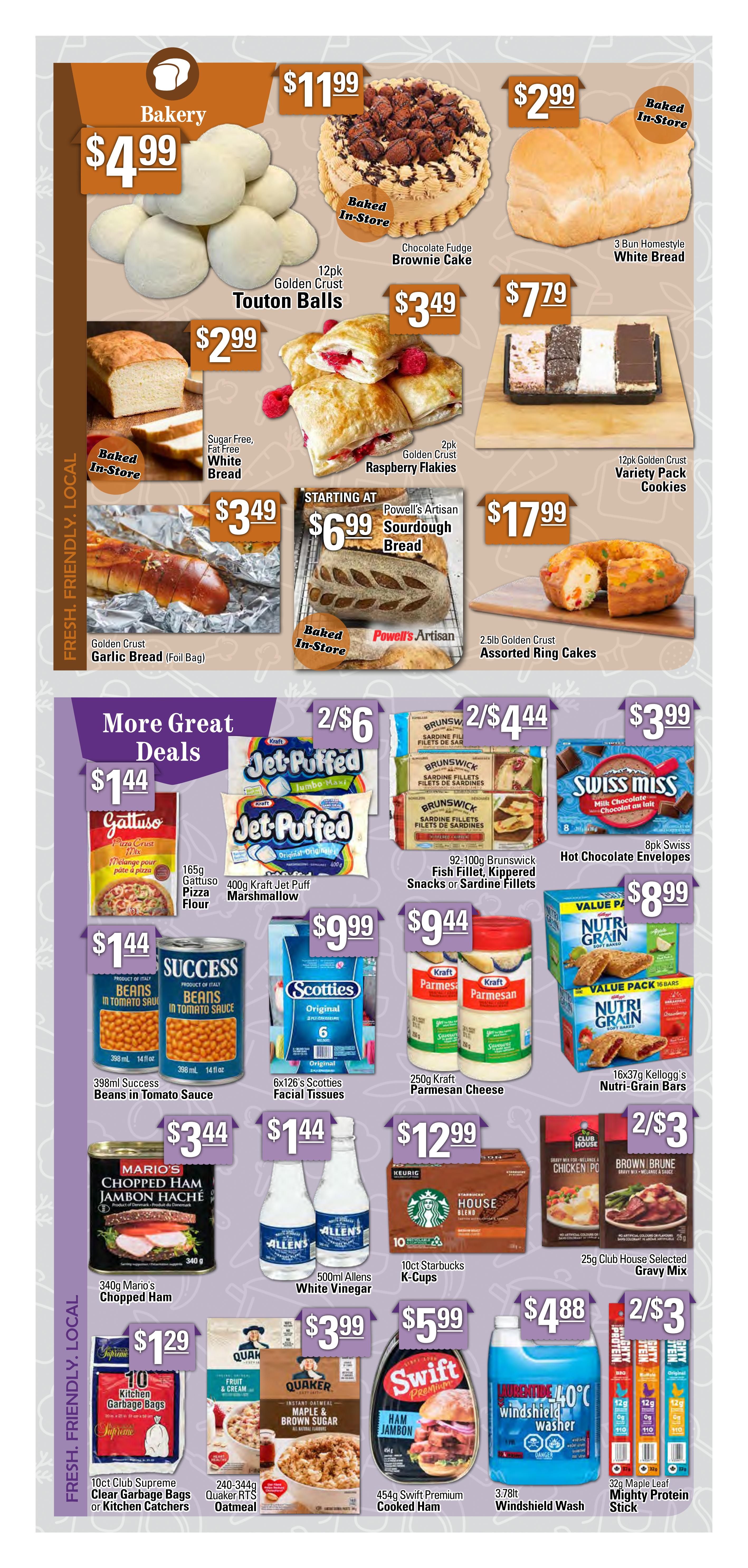 Powell's Supermarket weekly flyer specials page 5 featuring bakery items including 12pk Golden Crust Touton Balls for $4.99, Chocolate Fudge Brownie Cake for $11.99, 2pk Golden Crust Raspberry Flakes for $3.49, 3 Bun Homestyle White Bread for $2.99, 12pk Golden Crust Variety Pack Cookies for $7.79, Golden Crust Garlic Bread (Foil Bag) for $3.49, and 2.5lb Golden Crust Assorted Ring Cakes for $17.99. Also featured are 'More Great Deals' including 165g Gattuso Pizza Flour for $1.44, 400g Kraft Jet Puffed Marshmallow for 2 for $6, 92-100g Brunswick Fish Fillet, Kippered Snacks or Sardine Fillets for 2 for $4.44, 8pk Swiss Miss Hot Chocolate Envelopes for $3.99, 398ml Success Beans in Tomato Sauce for $1.44, 6x126's Scotties Facial Tissues for $9.99, 250g Kraft Parmesan Cheese for $9.44, and 16x37g Kellogg's Nutri-Grain Bars for $8.99. Additional deals include 340g Mario's Chopped Ham for $3.44, 500ml Allens White Vinegar for $1.44, 10ct Starbucks K-Cups for $12.99, 25g Club House Selected Gravy Mix for 2 for $3, 10ct Club Supreme Clear Garbage Bags or Kitchen Catchers for $1.29, 240-344g Quaker RTs Oatmeal for $3.99, 454g Swift Premium Cooked Ham for $5.99, 3.78lt Windshield Wash for $4.88, and 32g Maple Leaf Mighty Protein Stick for 2 for $3.
