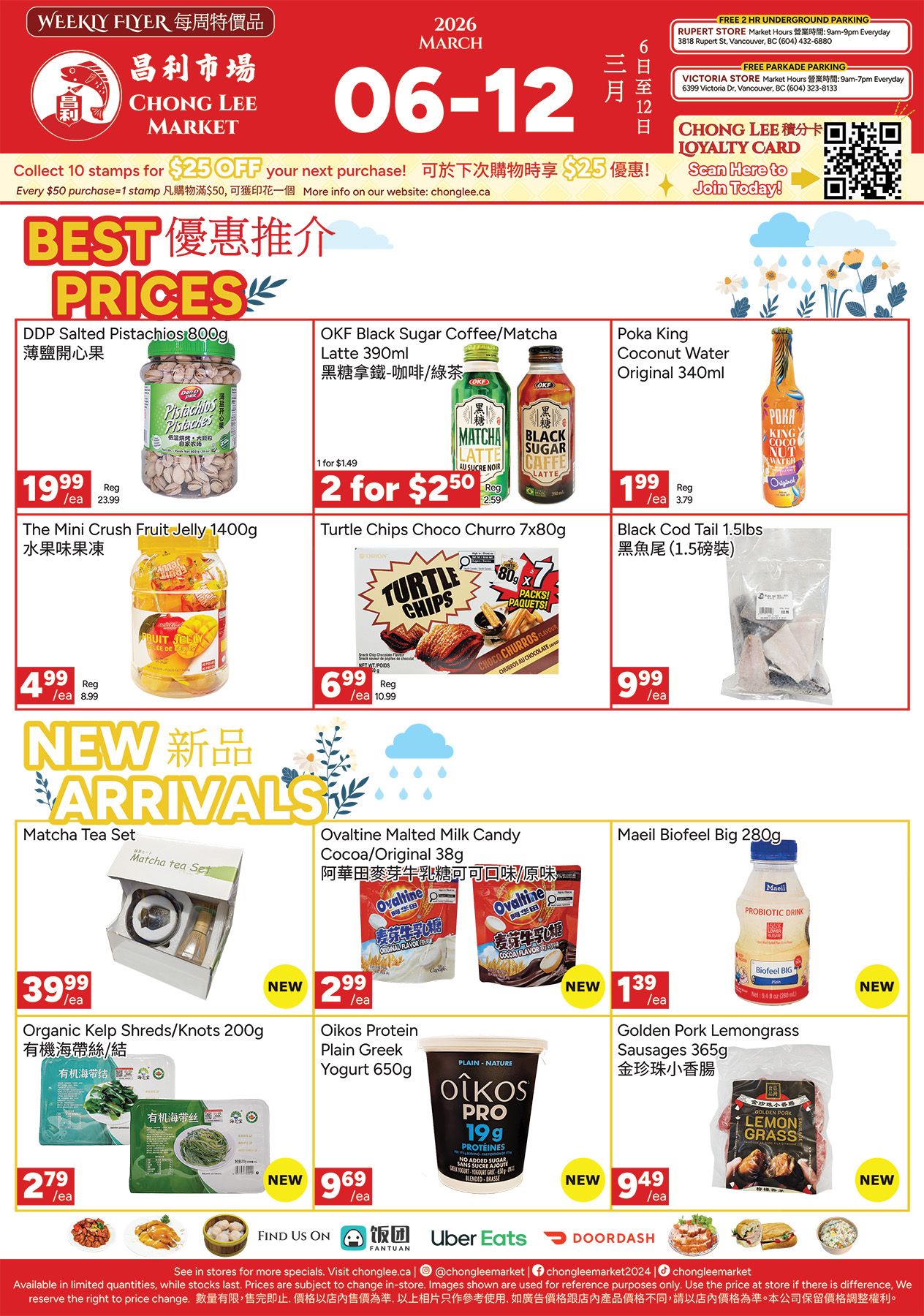 Chong Lee Market Weekly Flyer Specials from March 6-12, 2026. Featured 'Best Prices' include DDP Salted Pistachios 800g for $19.99/ea, OKF Black Sugar Coffee/Matcha Latte 390ml at 2 for $2.50 (regularly $2.59), Poka King Coconut Water Original 340ml for $1.99/ea (regularly $3.79), The Mini Crush Fruit Jelly 1400g for $4.99/ea (regularly $8.99), Turtle Chips Choco Churro 7x80g for $6.99/ea (regularly $10.99), and Black Cod Tail 1.5lbs for $9.99/ea. 'New Arrivals' include Matcha Tea Set for $39.99/ea, Ovaltine Malted Milk Candy Cocoa/Original 38g for $2.99/ea, Maeil Biofeel Big 280g for $1.39/ea, Organic Kelp Shreds/Knots 200g for $2.79/ea, Oikos Protein Plain Greek Yogurt 650g for $9.69/ea, and Golden Pork Lemongrass Sausages 365g for $9.49/ea. The flyer also mentions a 'Loyalty Card' promotion: Collect 10 stamps for $25 OFF your next purchase. Free 2-hour underground parking is available at the Rupert Street store, and free parkade parking at the Victoria Store. Find Chong Lee Market on Foodora, Uber Eats, and DoorDash.